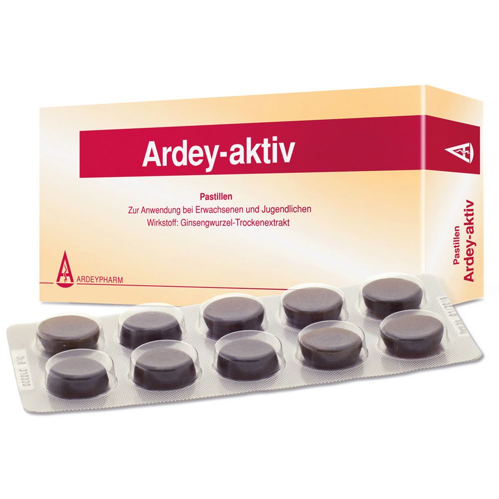 Packung mit Ardey-aktiv Pastillen und Blister mit Tabletten. Aufschrift: Ardey-aktiv, Pastillen. Wirkstoff: Ginsengwurzel-Trockenextrakt.