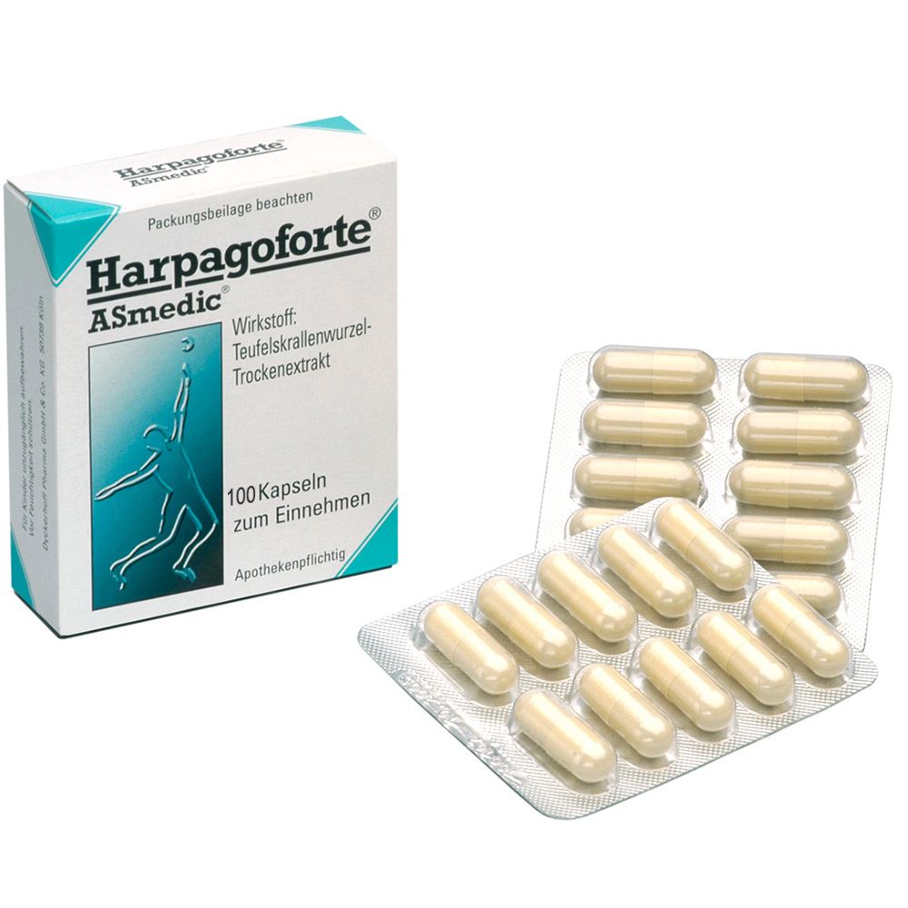 Weiße Kapseln in Blisterpackung und Schachtel. Auf der Schachtel steht Harpagoforte, ASmedic, 100 Kapseln, Wirkstoff Teufelskrallenwurzel-Trockenextrakt.