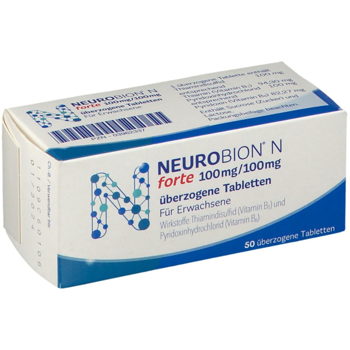 Schachtel Neurobion N forte. Aufschrift: 100mg/100mg. Überzogene Tabletten. Für Erwachsene. 50 Tabletten. Blaues N-Logo.
