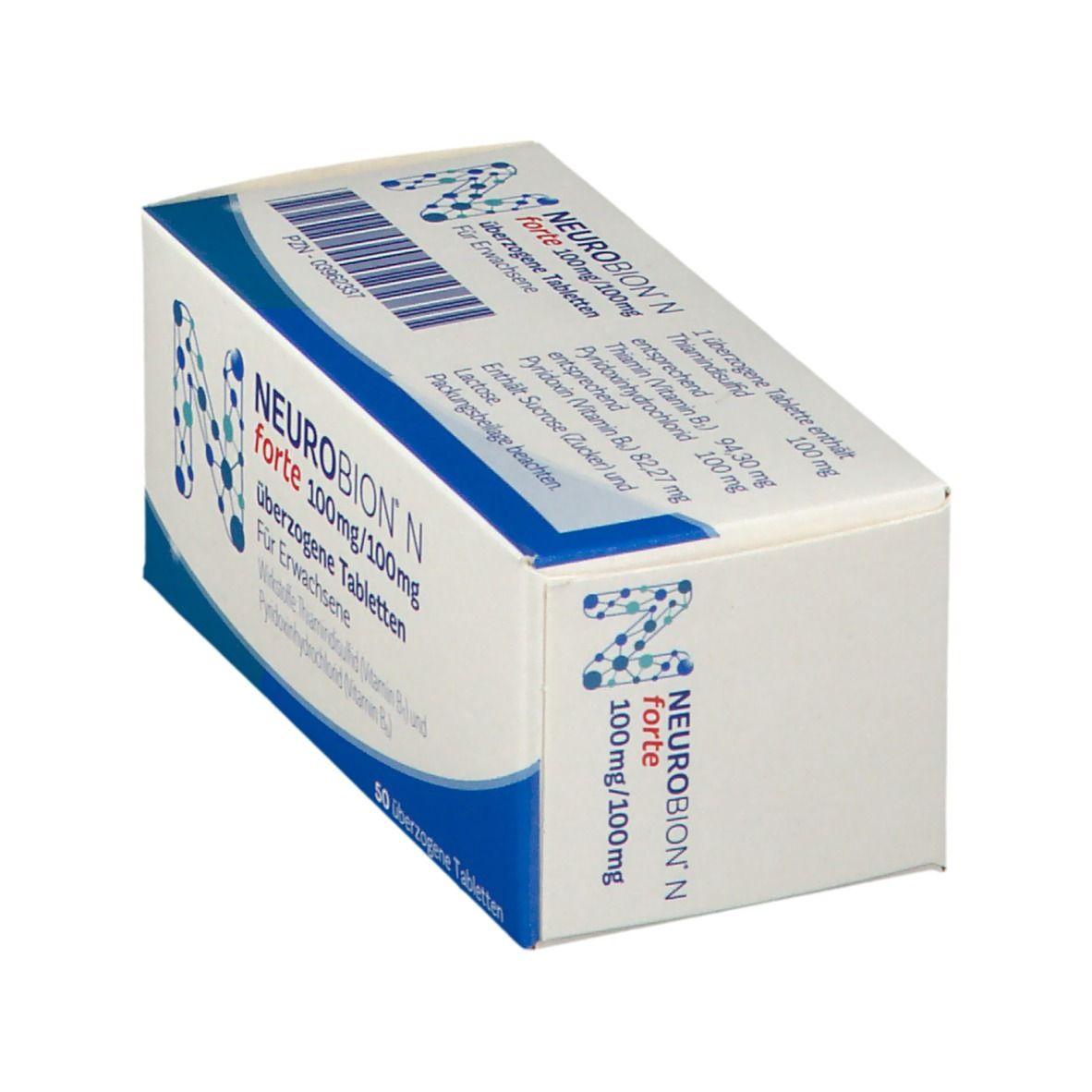 Schachtel Neurobion N forte. Aufschrift: 100mg/100mg. Überzogene Tabletten. Für Erwachsene. 50 Tabletten. Blaues N-Logo.