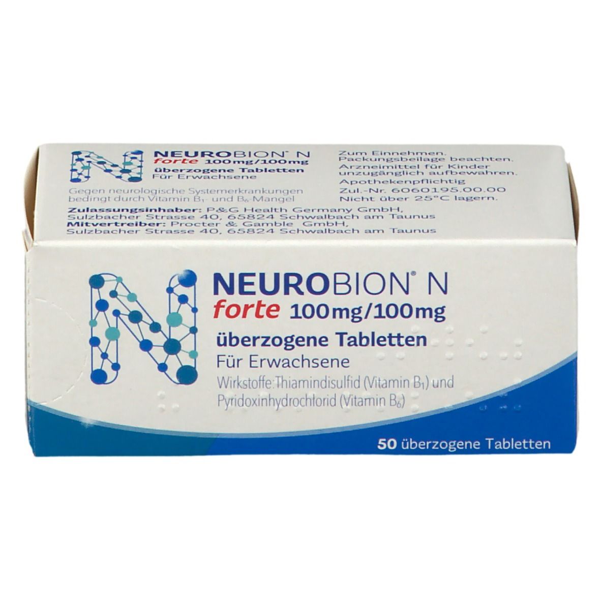 Schachtel Neurobion N forte. Aufschrift: 100mg/100mg. Überzogene Tabletten. Für Erwachsene. 50 Tabletten. Blaues N-Logo.
