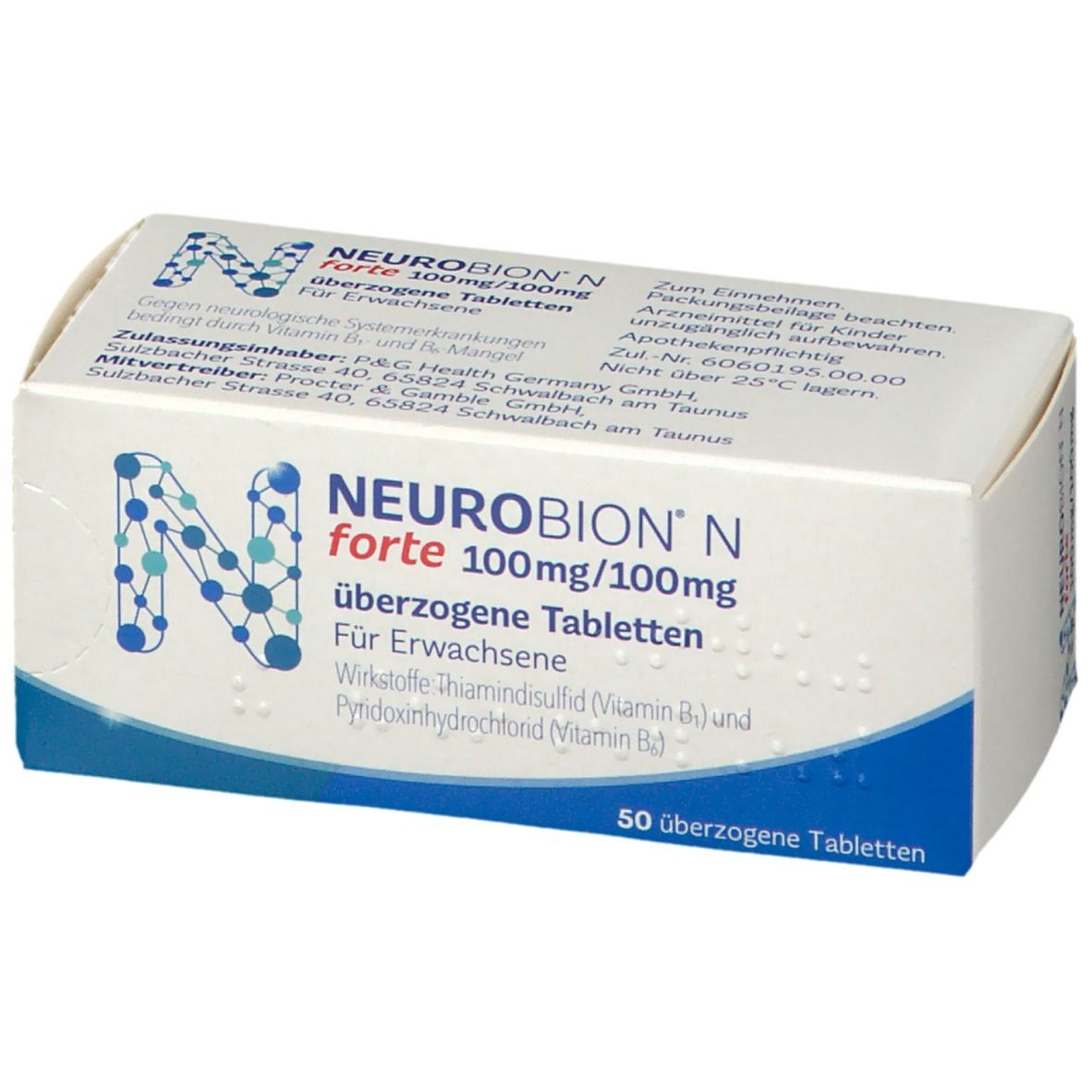 Schachtel Neurobion N forte. Aufschrift: 100mg/100mg. Überzogene Tabletten. Für Erwachsene. 50 Tabletten. Blaues N-Logo.