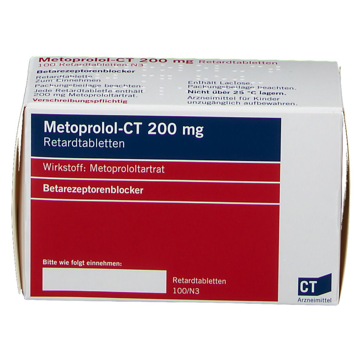 Weiße Faltschachtel mit roter und blauer Beschriftung. Aufschrift: Metoprolol-CT 200 mg Retardtabletten. Enthält 100 Tabletten.