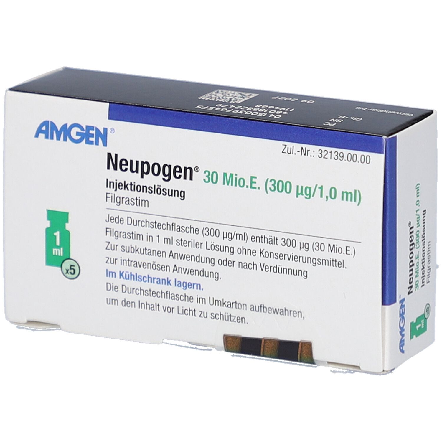 Schachtel mit NEUPOGEN® 30 Mio.E. (300 µg/1,0 ml) Injektionslösung. Enthält 5 Durchstechflaschen. AMGEN-Logo.