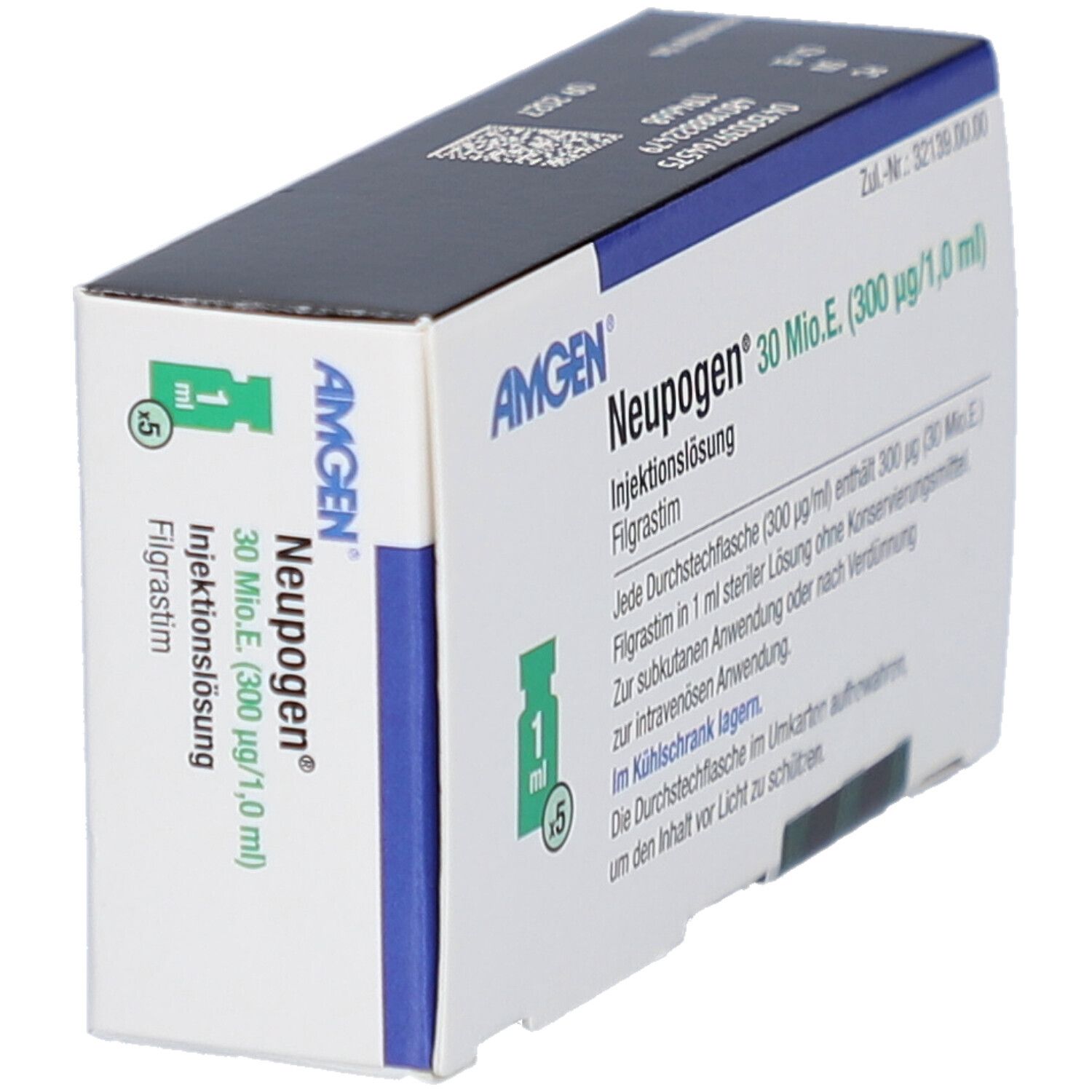Schachtel NEUPOGEN® 30 Mio.E. (300 µg/1,0 ml). AMGEN-Logo. Enthält 5 Durchstechflaschen. Seitenansicht.