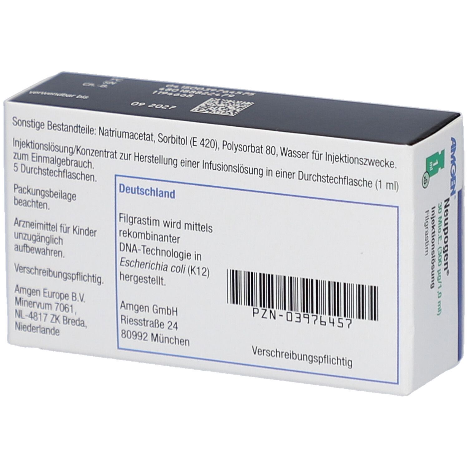 Rückseite der NEUPOGEN®-Schachtel. Enthält Informationen zu Inhaltsstoffen und Hersteller. PZN-03976457.