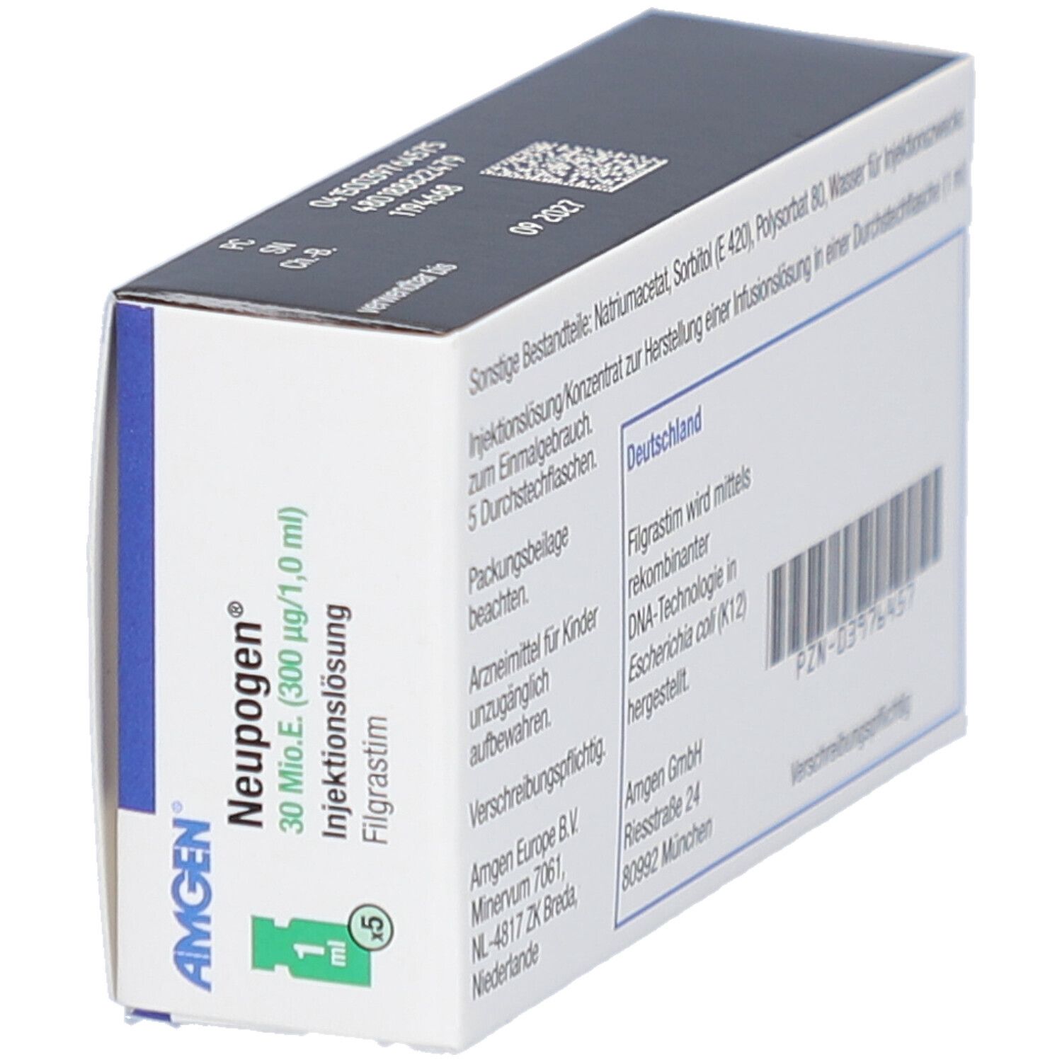 Schachtel NEUPOGEN® 30 Mio.E. (300 µg/1,0 ml). AMGEN-Logo. Enthält 5 Durchstechflaschen. Schräge Ansicht.