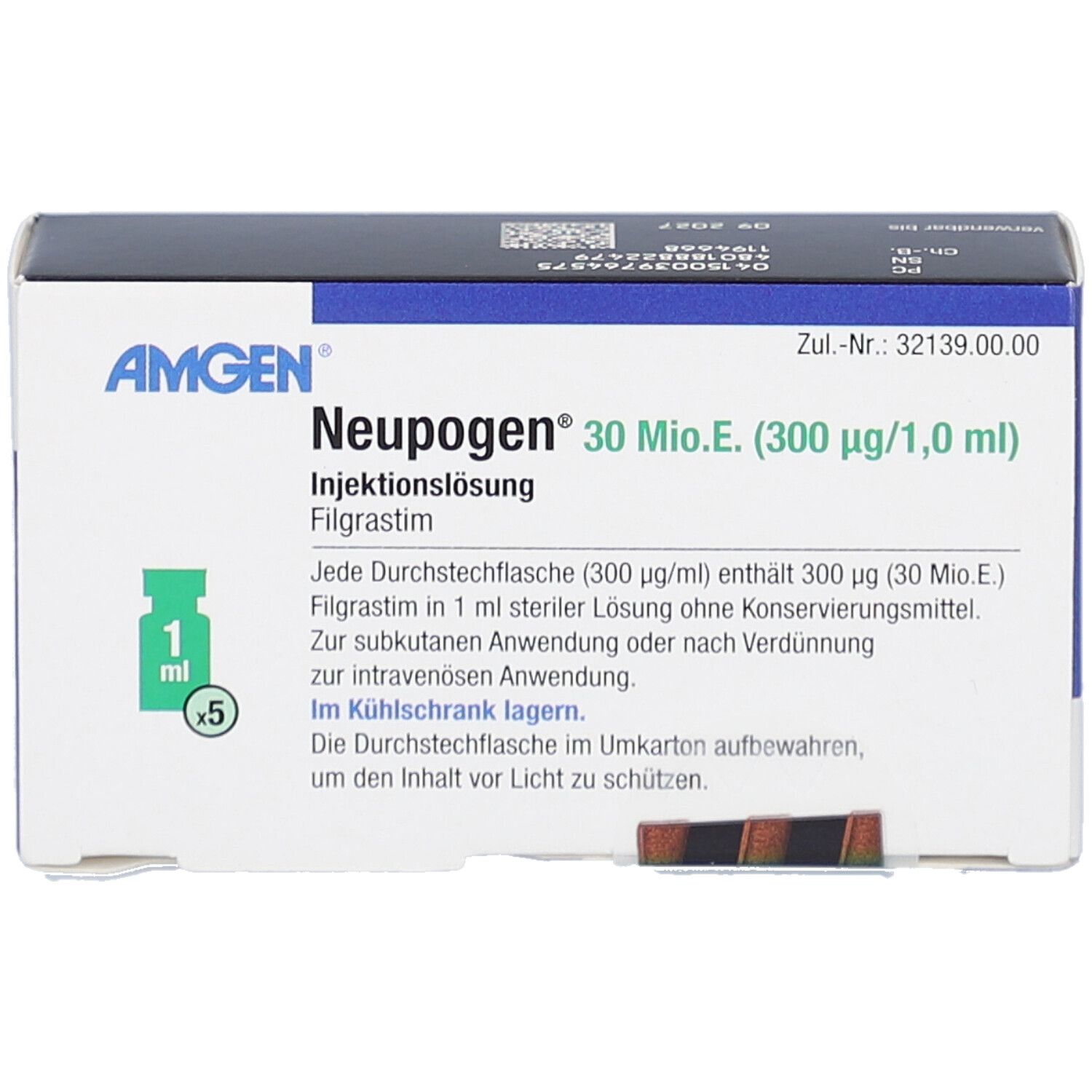 Schachtel mit NEUPOGEN® 30 Mio.E. (300 µg/1,0 ml) Injektionslösung. Enthält 5 Durchstechflaschen. AMGEN-Logo.