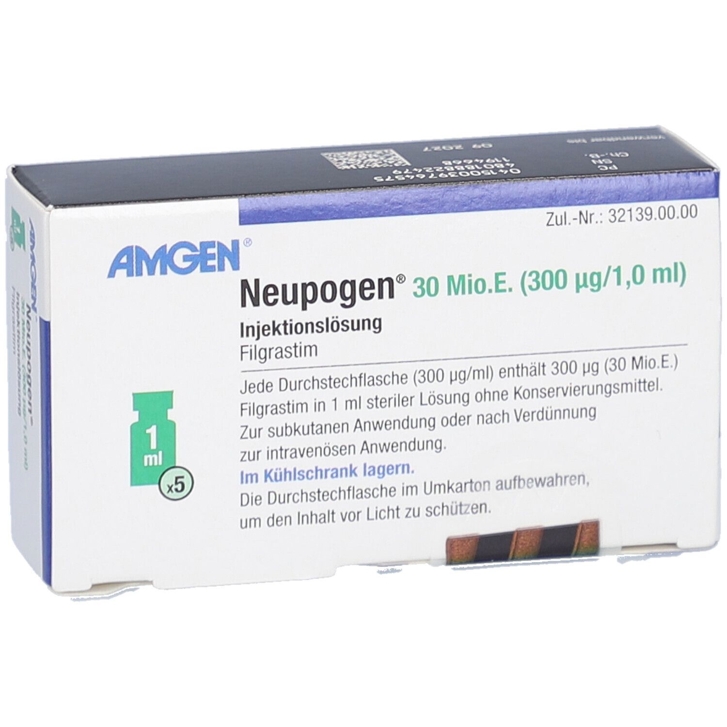 Schachtel mit NEUPOGEN® 30 Mio.E. (300 µg/1,0 ml) Injektionslösung. Enthält 5 Durchstechflaschen. AMGEN-Logo.