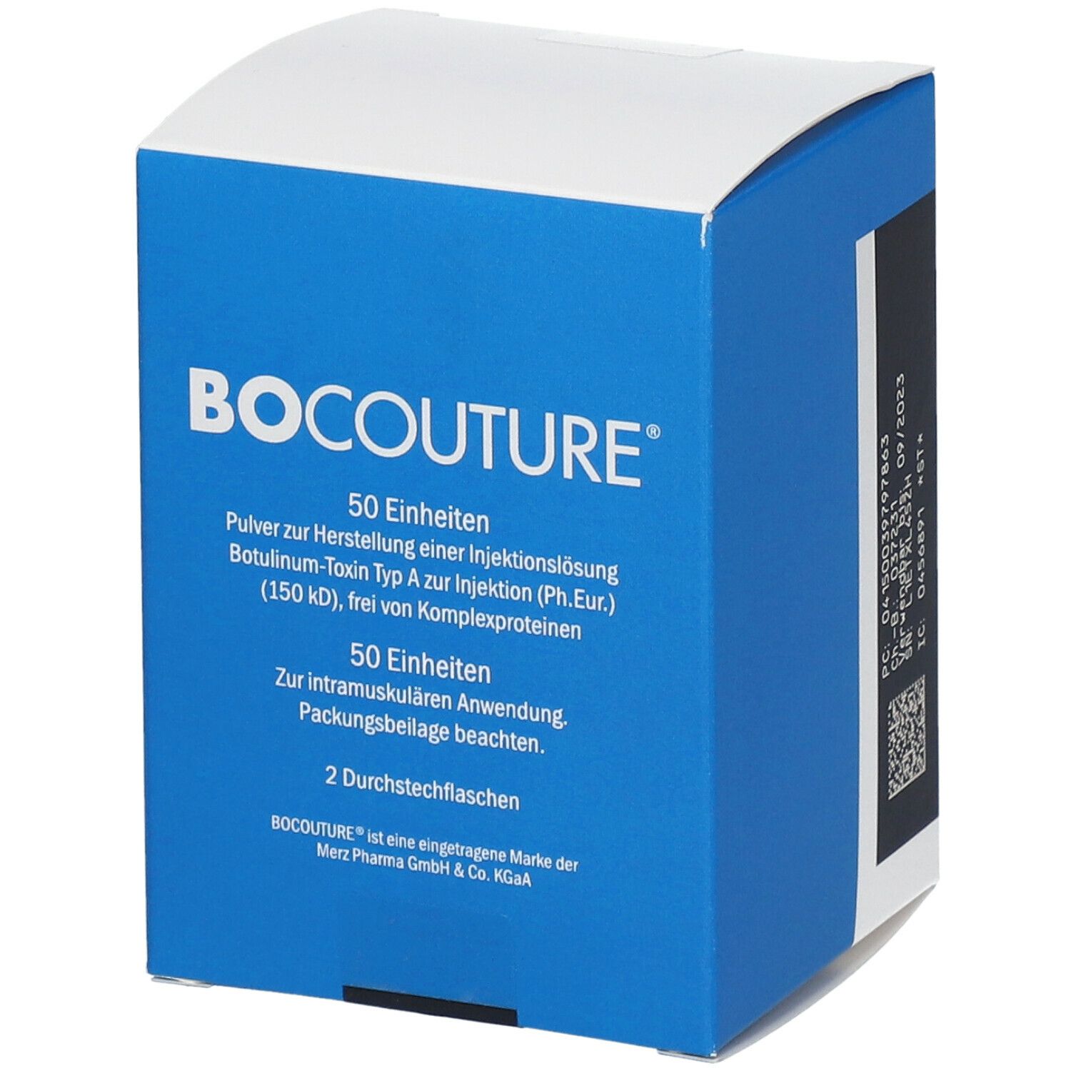 Blau-weiße Faltschachtel mit Produktinformationen. Aufschrift: BOCOUTURE, 50 Einheiten, Botulinum-Toxin Typ A. Enthält 2 Durchstechflaschen.