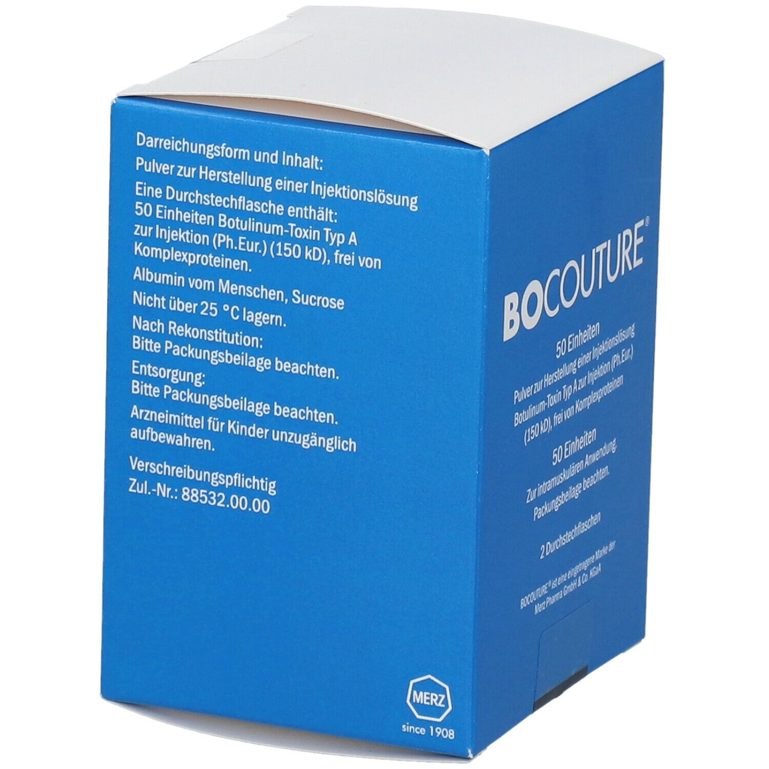 Blaue Faltschachtel mit Produktinformationen. Aufschrift: BOCOUTURE, 50 Einheiten, Botulinum-Toxin Typ A. Enthält 2 Durchstechflaschen.