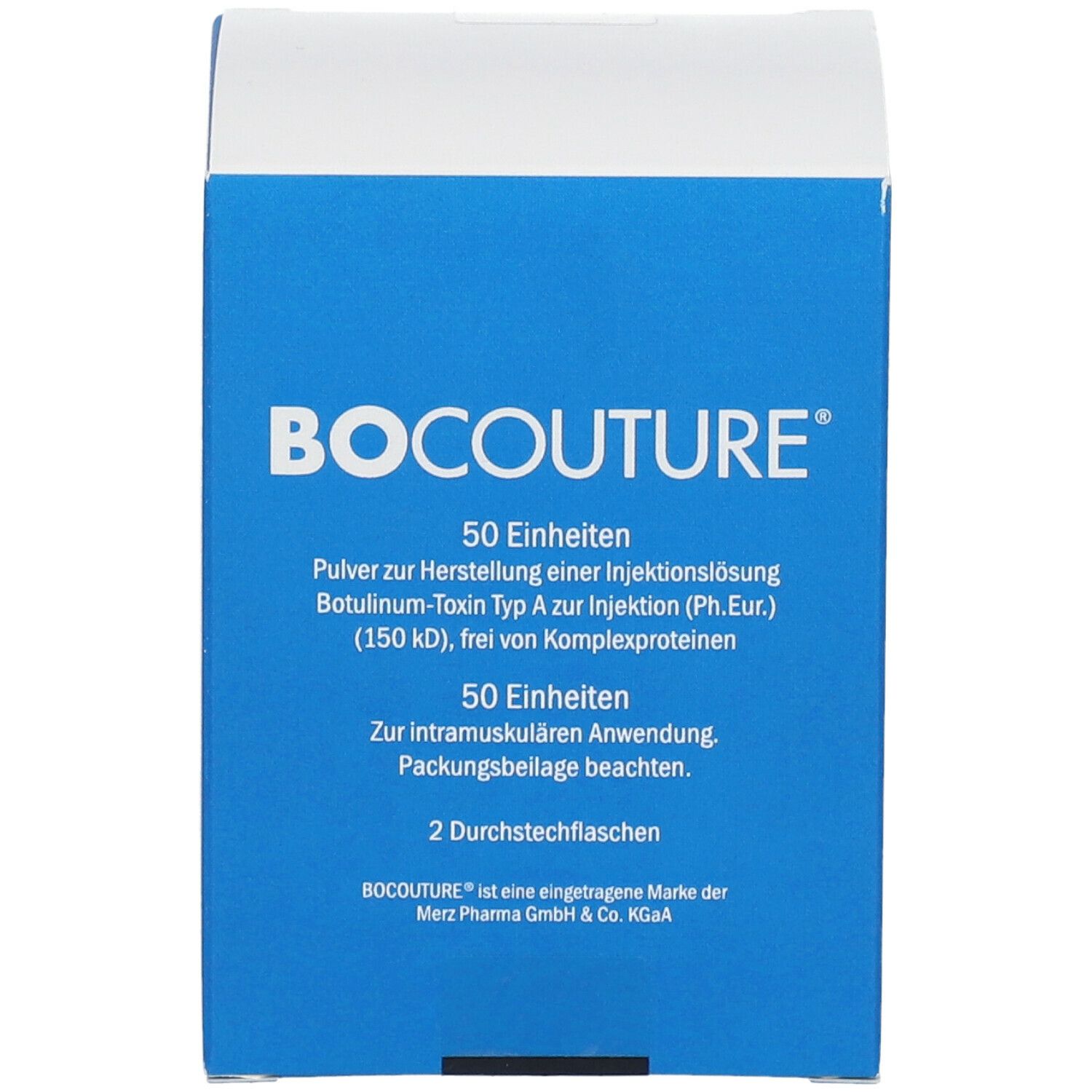 Blaue Faltschachtel mit Produktinformationen. Aufschrift: BOCOUTURE, 50 Einheiten, Botulinum-Toxin Typ A. Enthält 2 Durchstechflaschen.