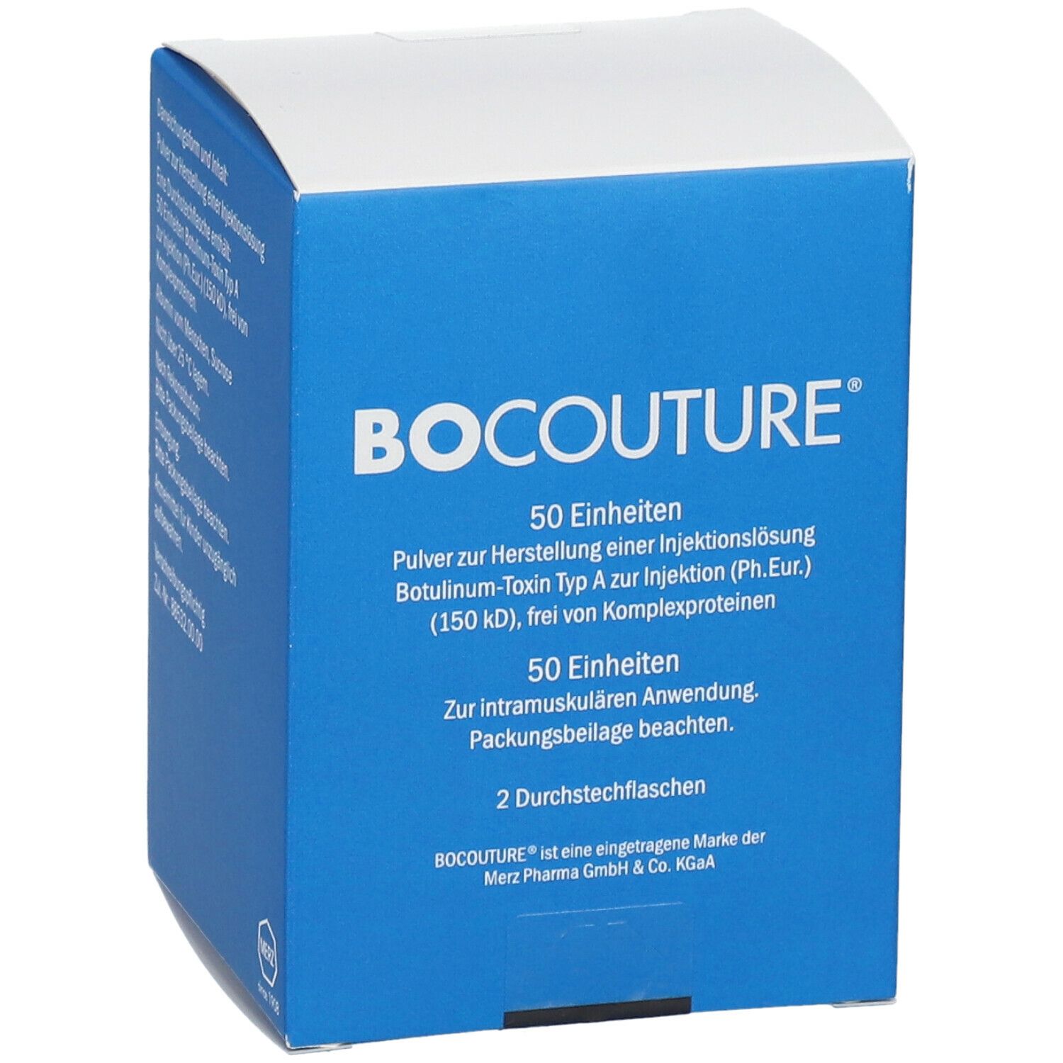 Blaue Faltschachtel mit Produktinformationen. Aufschrift: BOCOUTURE, 50 Einheiten, Botulinum-Toxin Typ A. Enthält 2 Durchstechflaschen.