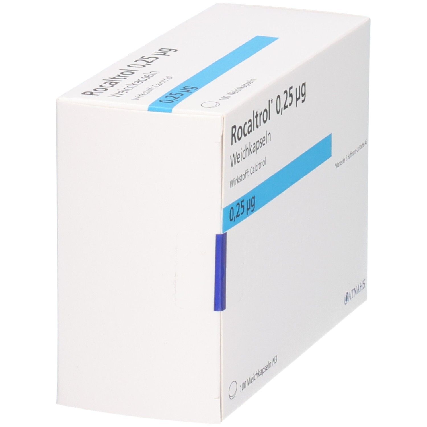 Seitenansicht der Packung Rocaltrol 0,25 µg Weichkapseln. Enthält 100 Weichkapseln.