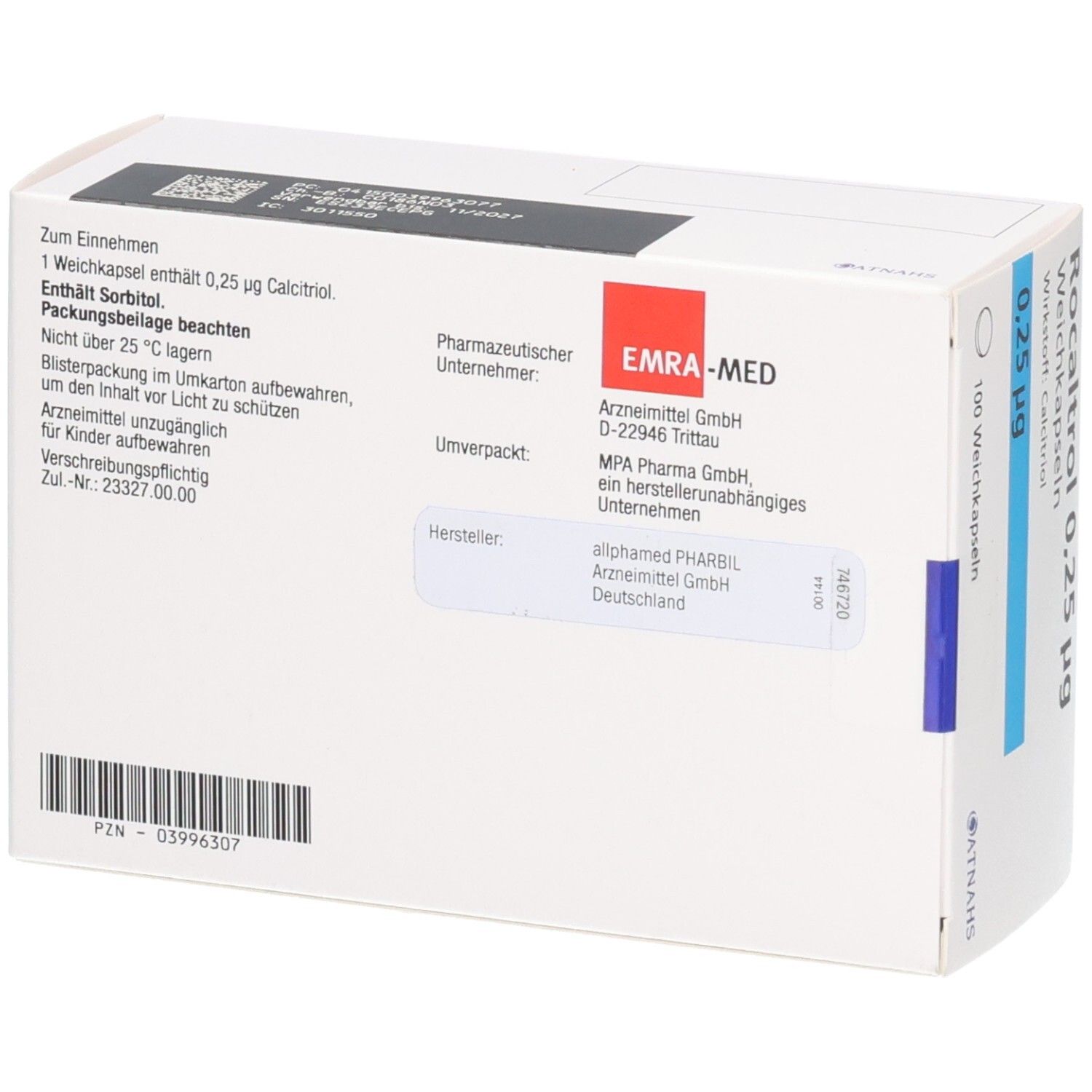 Rückseite der Packung Rocaltrol 0,25 µg Weichkapseln mit Informationen zu Inhaltsstoffen und Hersteller.
