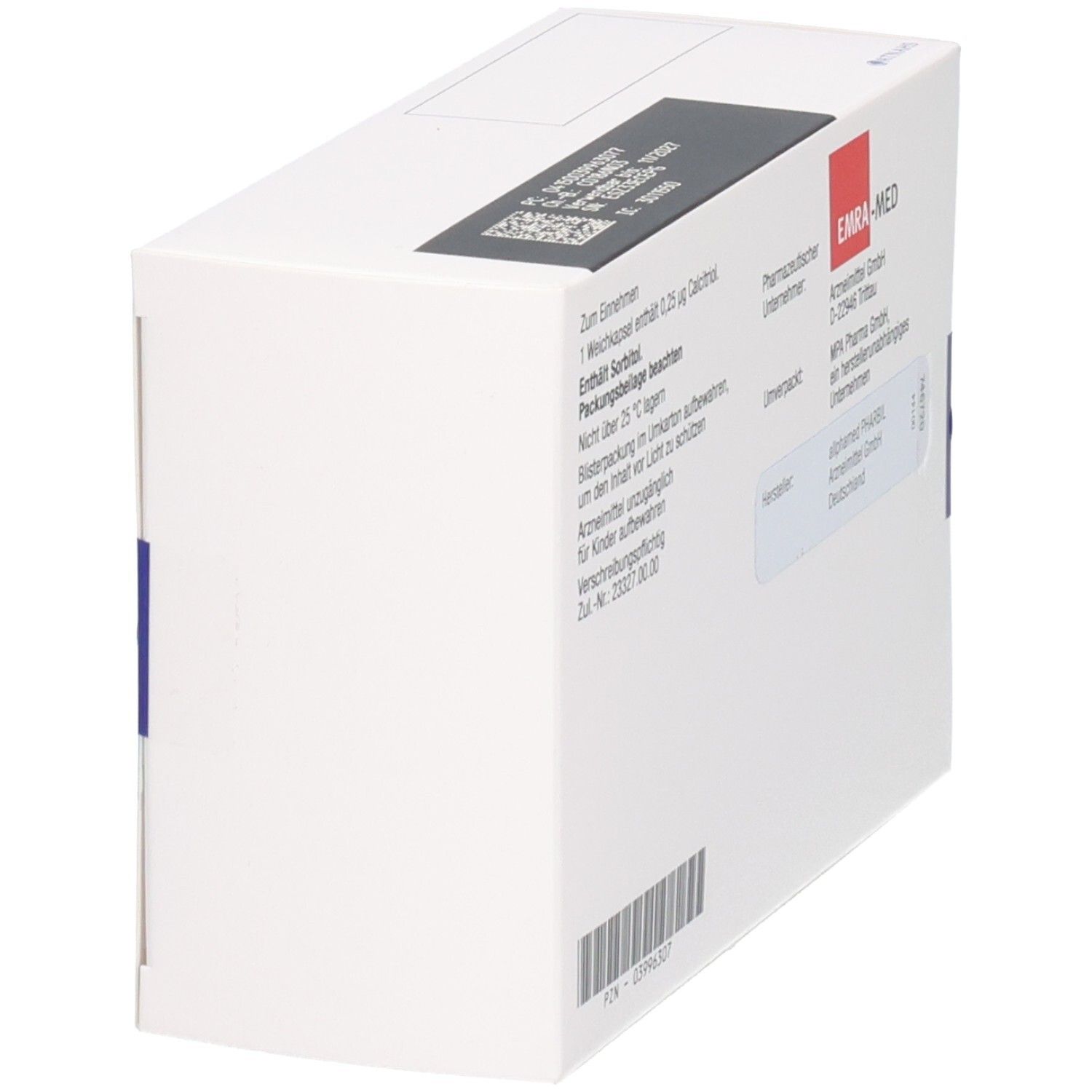 Seitenansicht der Packung Rocaltrol 0,25 µg Weichkapseln mit Informationen zu Inhaltsstoffen und Hersteller.