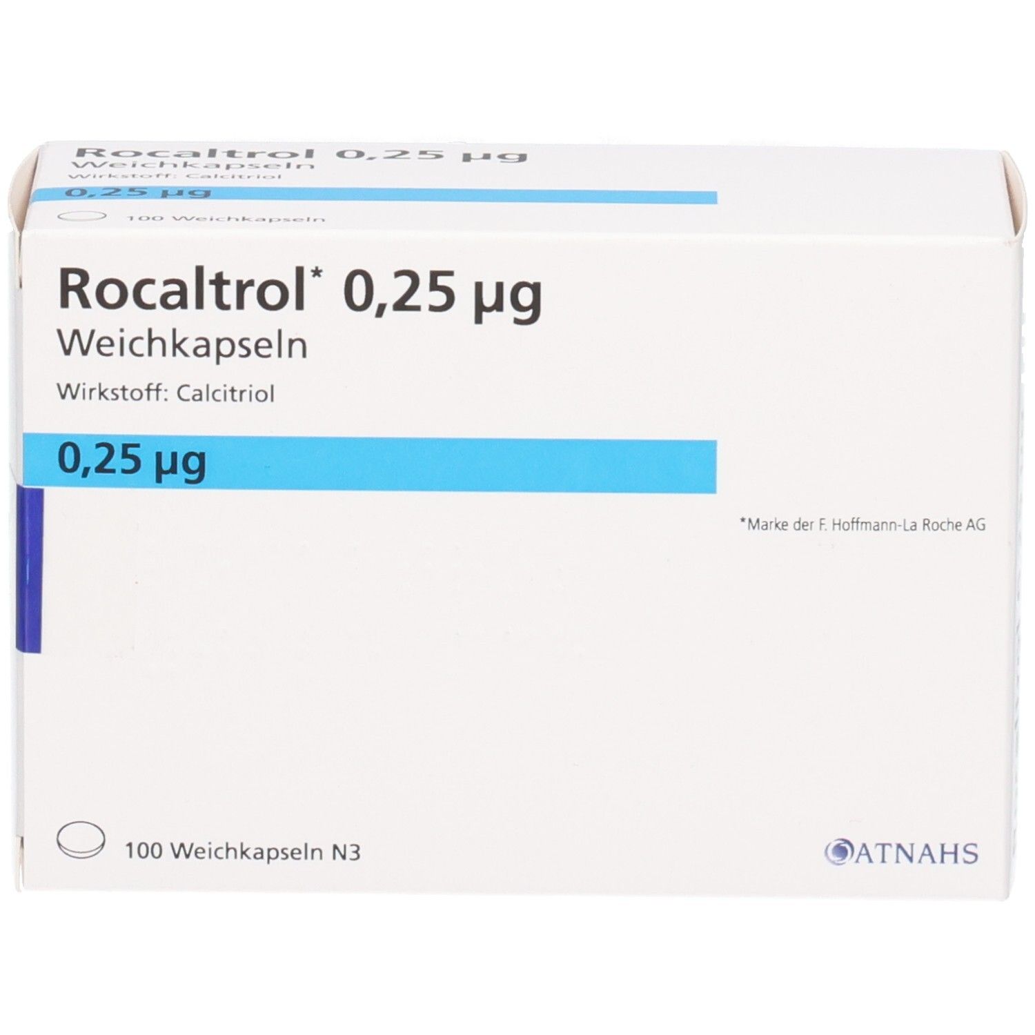 Packung Rocaltrol 0,25 µg Weichkapseln, Wirkstoff: Calcitriol. Enthält 100 Weichkapseln.