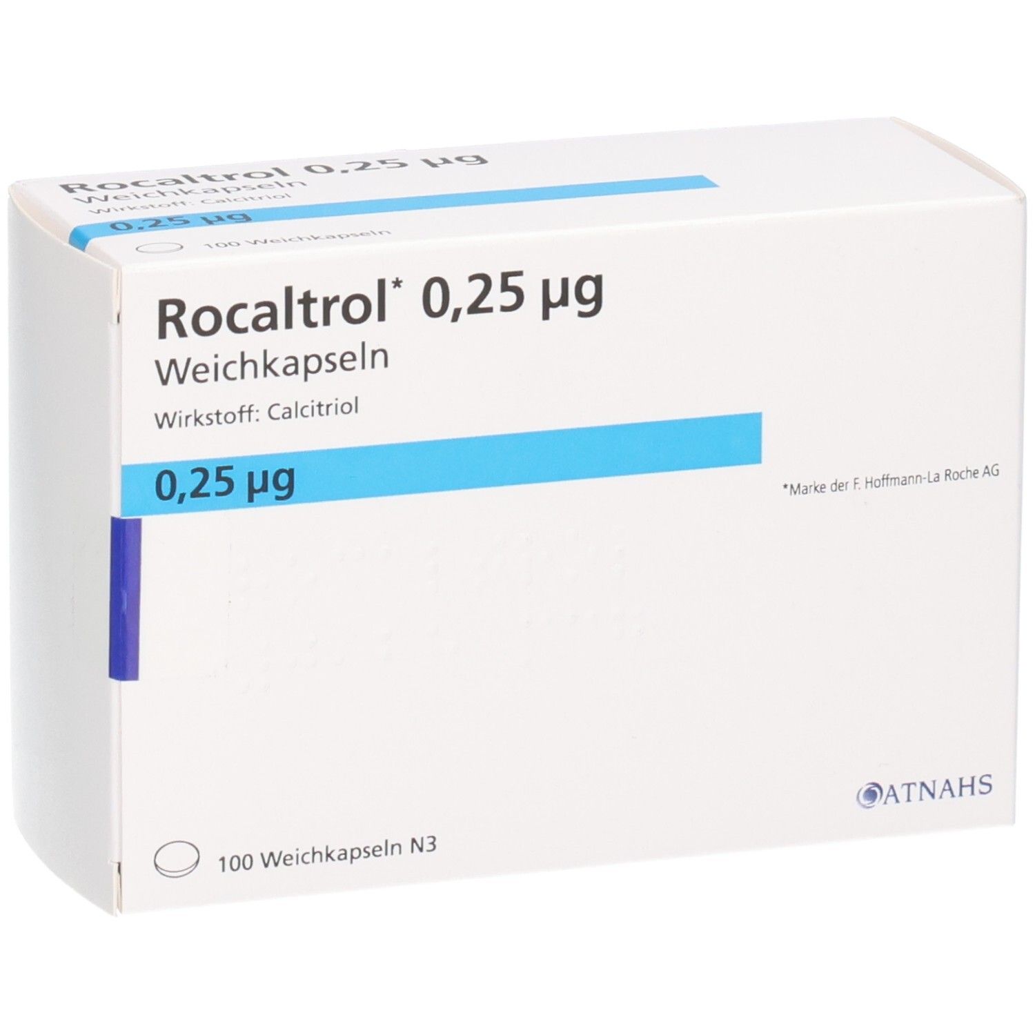 Packung Rocaltrol 0,25 µg Weichkapseln, Wirkstoff: Calcitriol. Enthält 100 Weichkapseln.