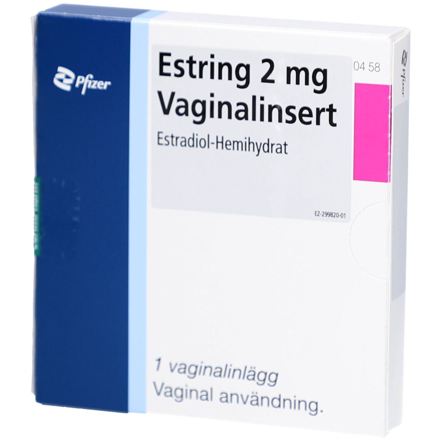 Verpackung von Estring 2 mg Vaginalinsert. Blaue und weiße Schachtel mit Produktnamen und Inhaltsangabe. Pfizer-Logo.