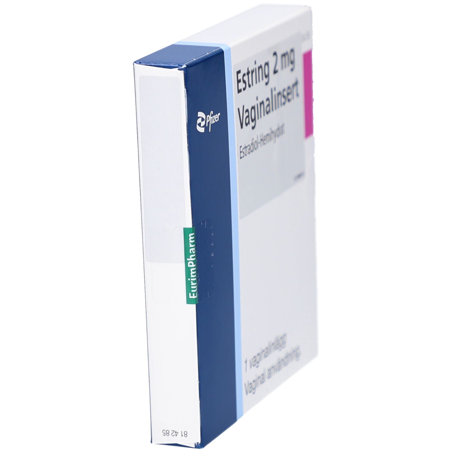 Estring 2 mg Vaginalinsert-Verpackung, Seitenansicht. Blaue und weiße Schachtel mit Produktnamen und Logo. EurimPharm-Logo.