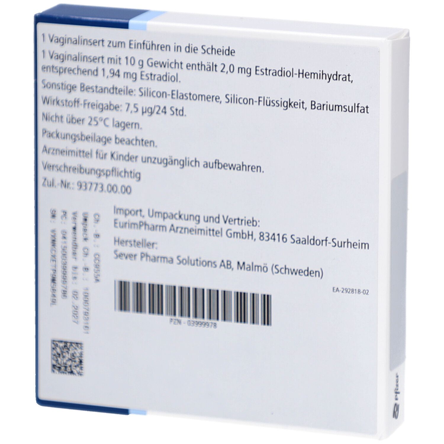 Rückseite der Estring 2 mg Vaginalinsert-Verpackung. Textinformationen, Hersteller- und Importdetails. Barcode und Zulassungsnummer.
