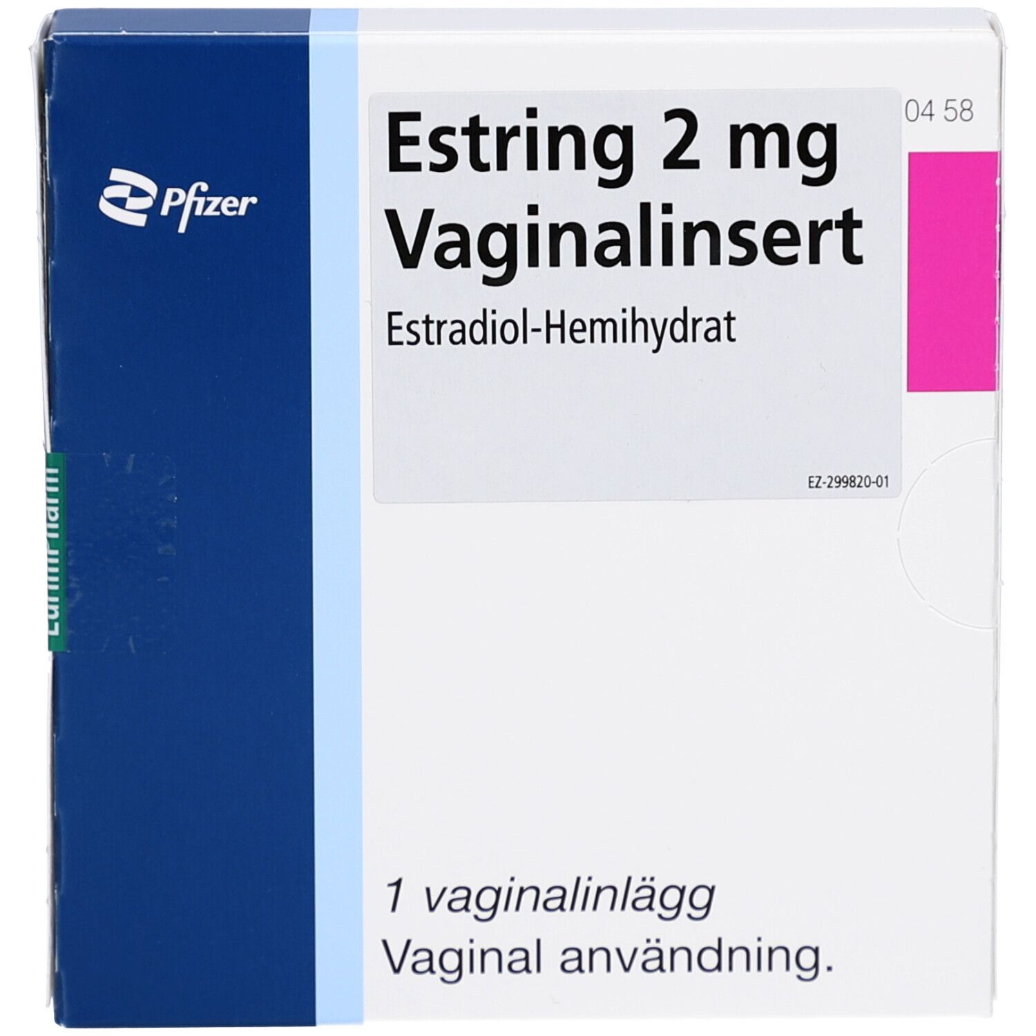 Estring 2 mg Vaginalinsert-Verpackung. Blaue und weiße Schachtel mit Produktnamen und Inhaltsangabe. Pfizer-Logo.