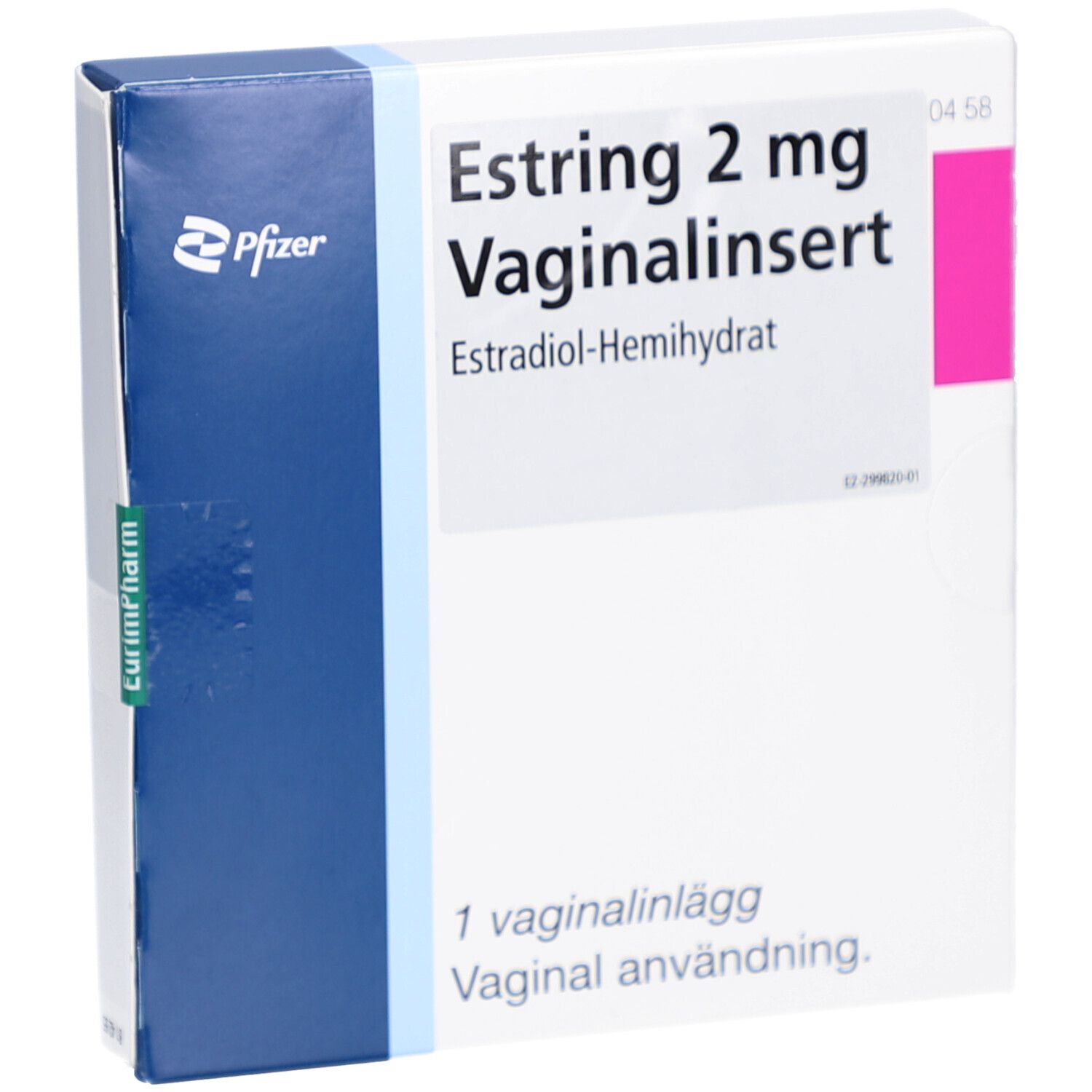 Estring 2 mg Vaginalinsert-Verpackung. Blaue und weiße Schachtel mit Produktnamen und Inhaltsangabe. Pfizer-Logo und EurimPharm-Logo.