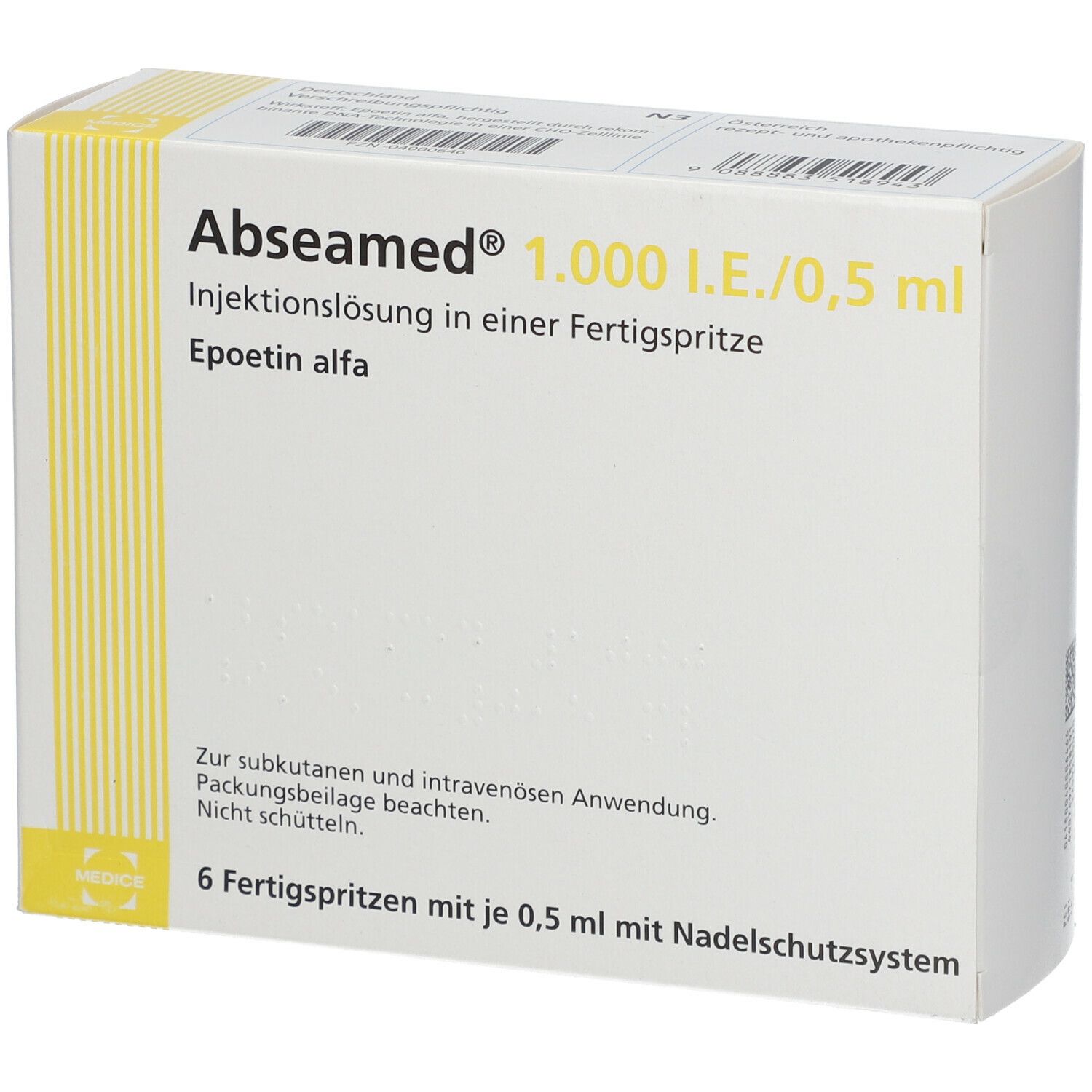 Karton mit Aufschrift Abseamed 1.000 I.E./0,5 ml. Enthält 6 Fertigspritzen. Text: Injektionslösung, Epoetin alfa.