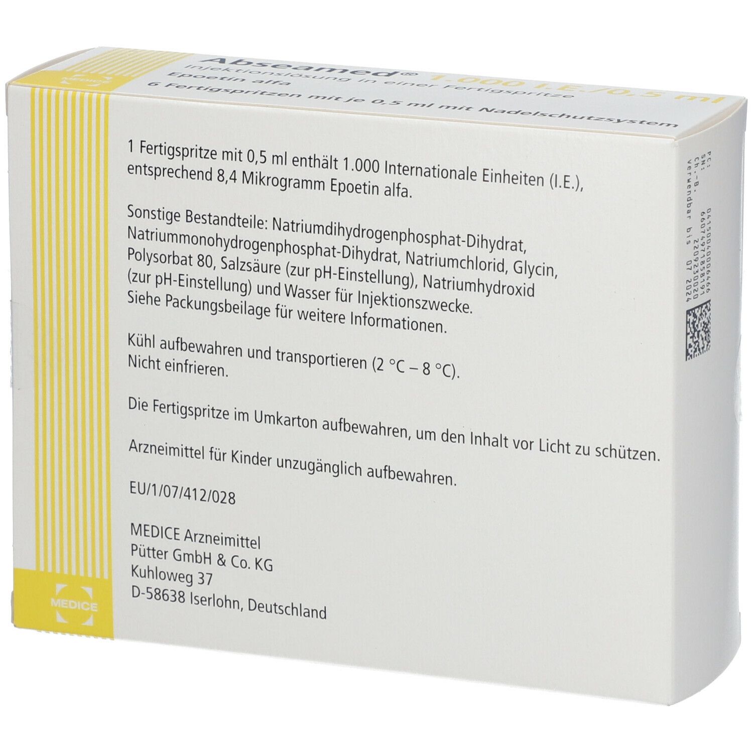 Rückseite eines Kartons mit Abseamed 1.000 I.E./0,5 ml. Text: Inhaltsstoffe, Lagerungshinweise, Herstellerinformationen.