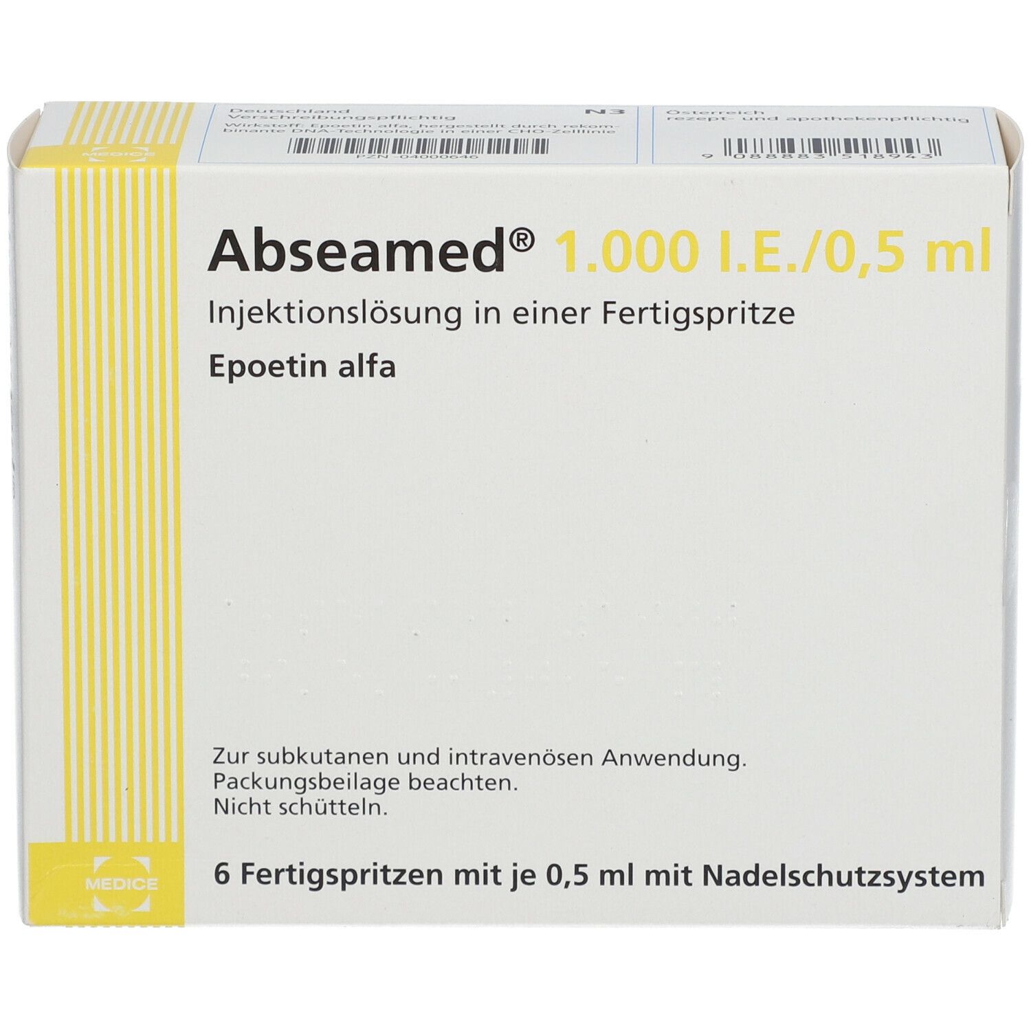 Karton mit Aufschrift Abseamed 1.000 I.E./0,5 ml. Enthält 6 Fertigspritzen. Text: Injektionslösung, Epoetin alfa.