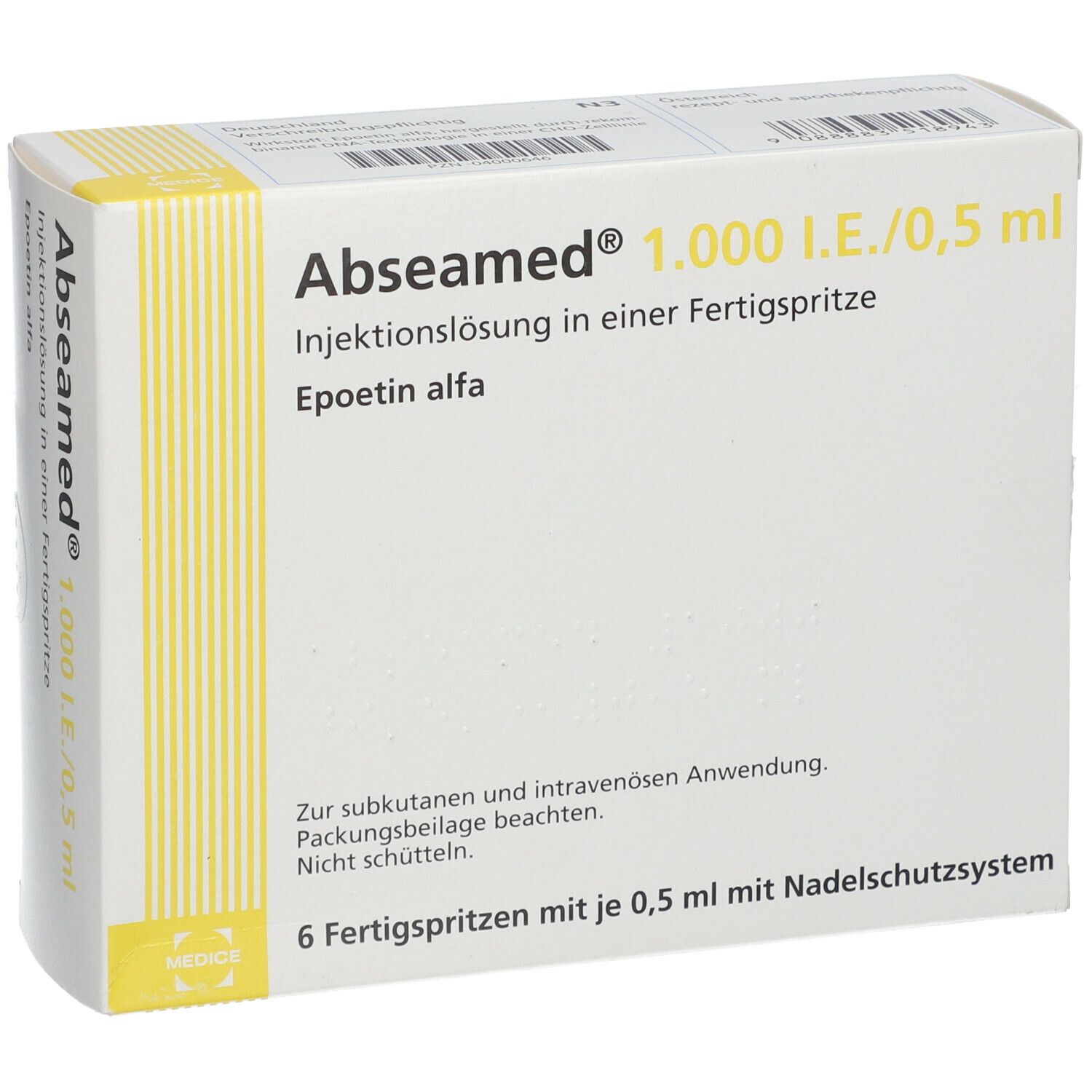 Karton mit Aufschrift Abseamed 1.000 I.E./0,5 ml. Enthält 6 Fertigspritzen. Text: Injektionslösung, Epoetin alfa.