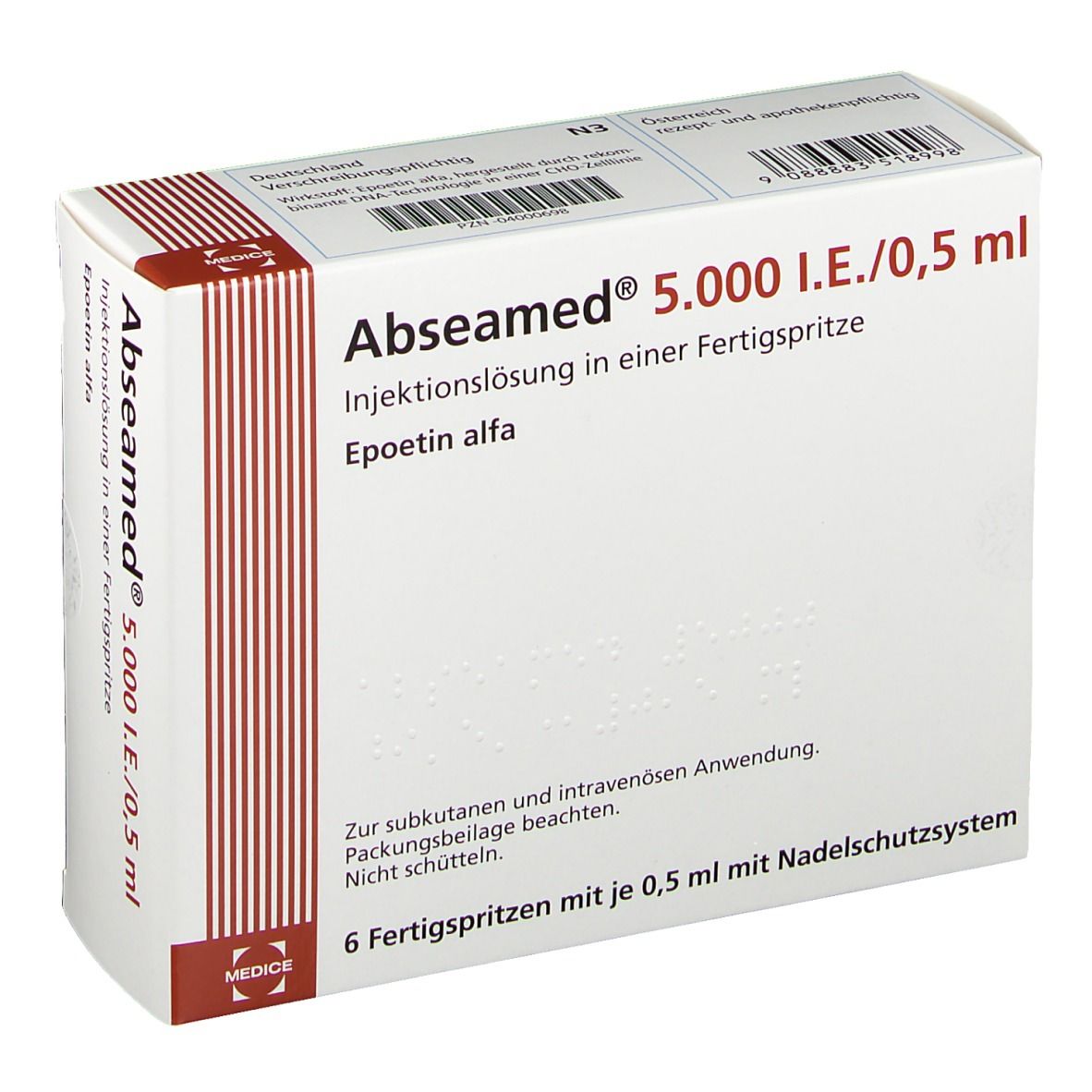 Karton von Abseamed 5.000 I.E./0,5 ml. Injektionslösung in Fertigspritze. 6 Fertigspritzen mit Nadelschutzsystem. Rote und weiße Verpackung.