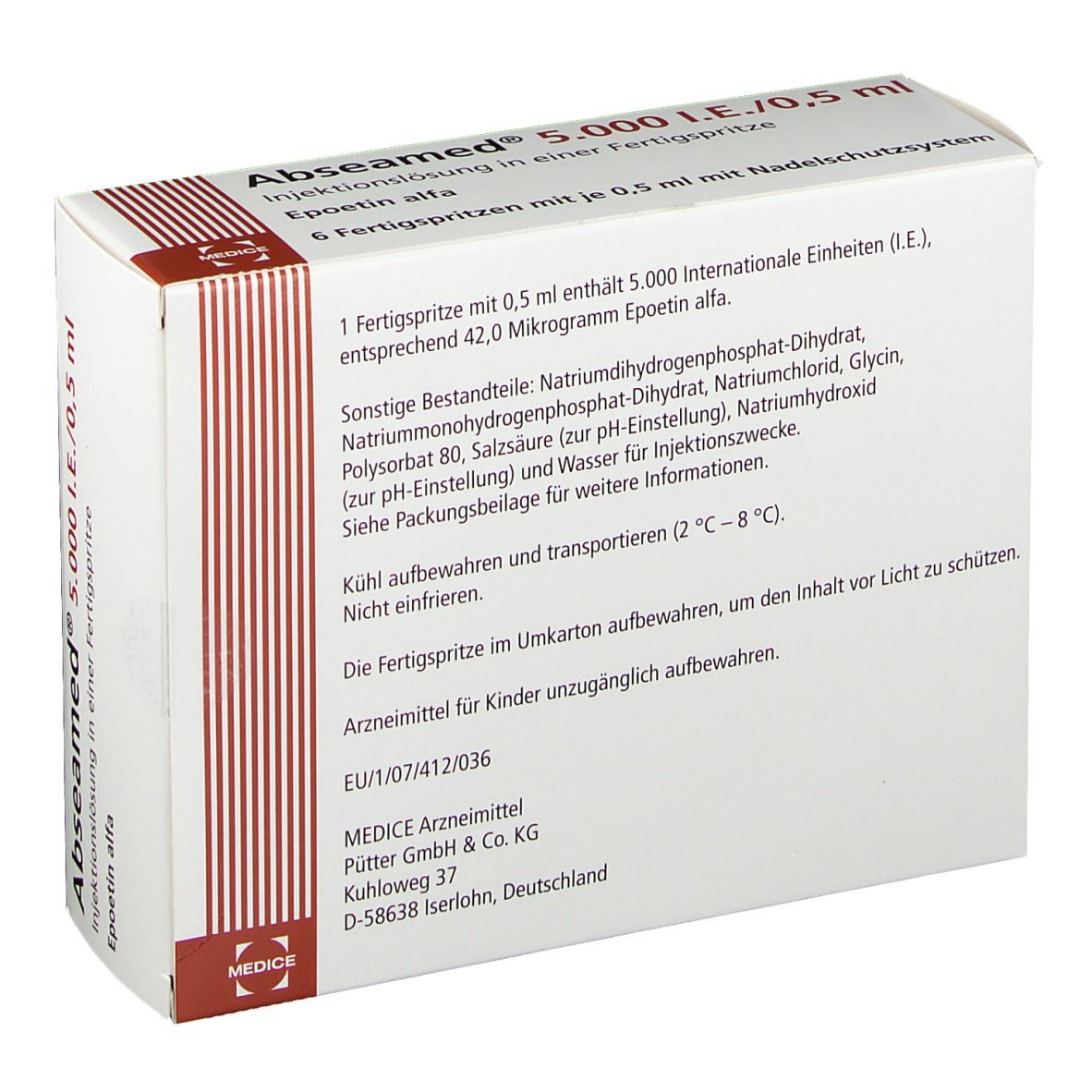 Rückseite des Kartons von Abseamed 5.000 I.E./0,5 ml. Inhaltsstoffe und weitere Informationen. Weiße Verpackung.