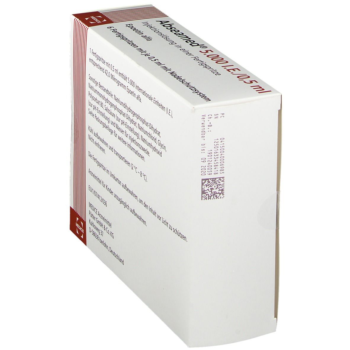 Schrägansicht der Rückseite des Kartons von Abseamed 5.000 I.E./0,5 ml. Weiße Verpackung mit Informationen.