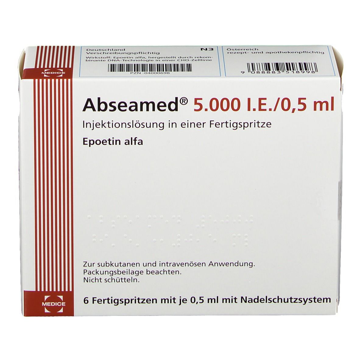 Karton von Abseamed 5.000 I.E./0,5 ml. Injektionslösung in Fertigspritze. 6 Fertigspritzen. Rote und weiße Verpackung.