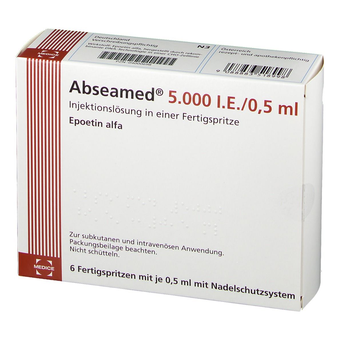 Karton von Abseamed 5.000 I.E./0,5 ml. Injektionslösung in Fertigspritze. 6 Fertigspritzen. Rote und weiße Verpackung.