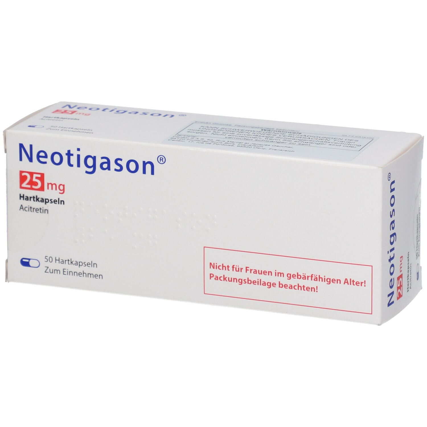 Neotigason® 25 mg Packung. Enthält 50 Hartkapseln. Aufschrift: Nicht für Frauen im gebärfähigen Alter!