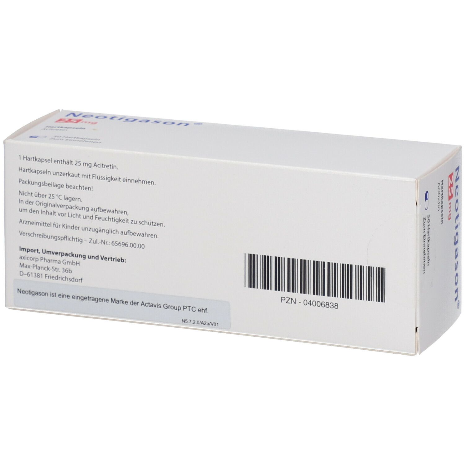 Rückseite der Neotigason® 25 mg Packung. Barcode, Text. Enthält 1 Hartkapsel 25 mg Acitretin. PZN-04006838.