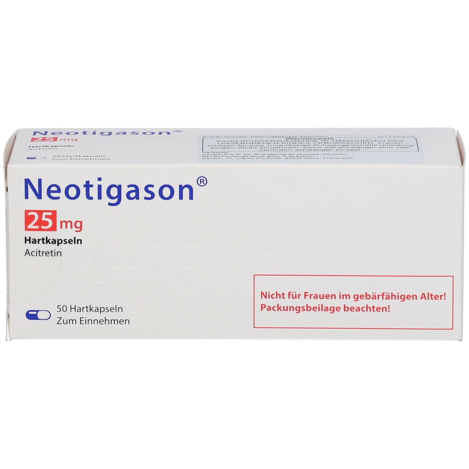 Neotigason® 25 mg Packung. Enthält 50 Hartkapseln. Aufschrift: Nicht für Frauen im gebärfähigen Alter!