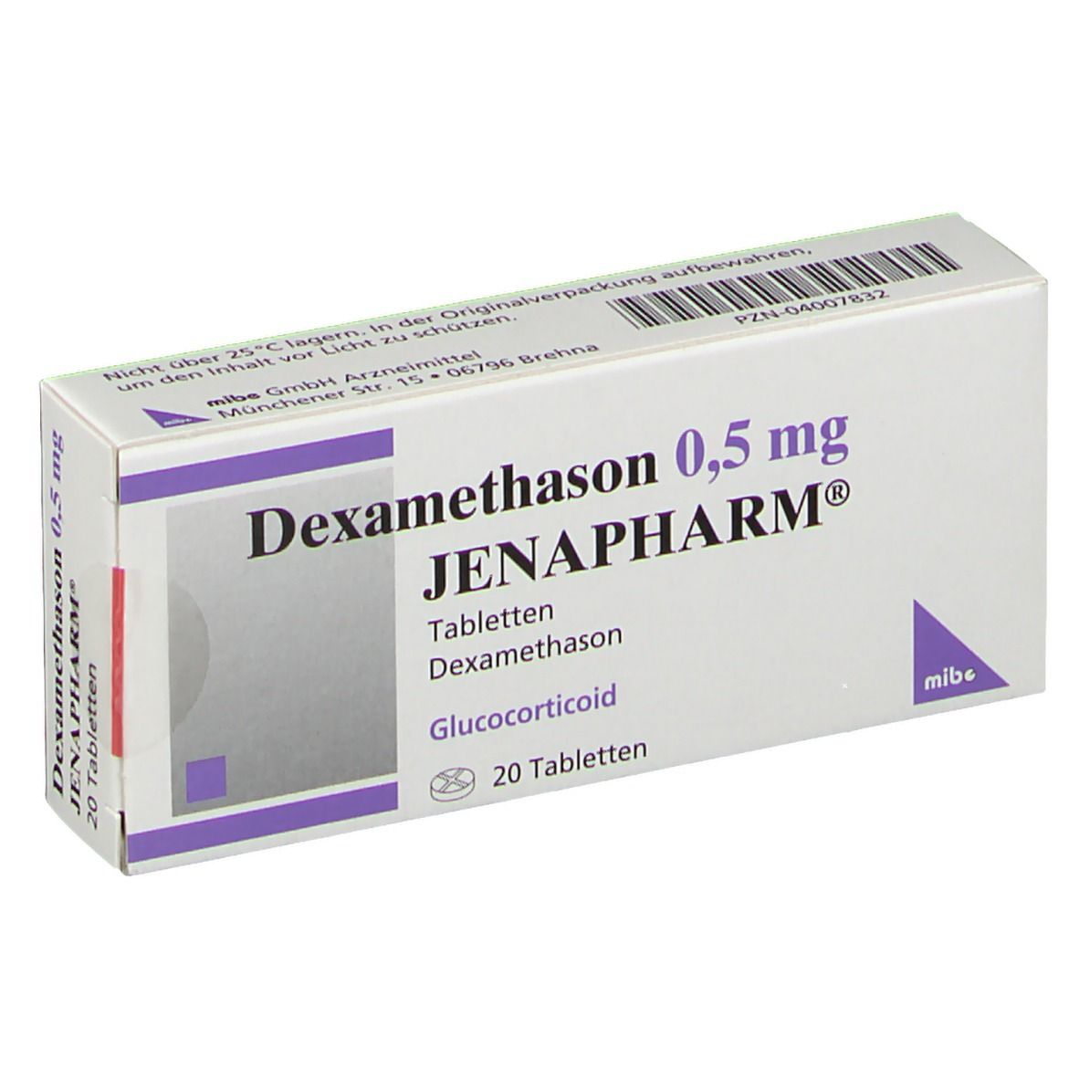 Dexamethason 0,5 mg Jenapharm-Packung. Enthält 20 Tabletten. Lila und weiße Schachtel mit Produktinformationen.