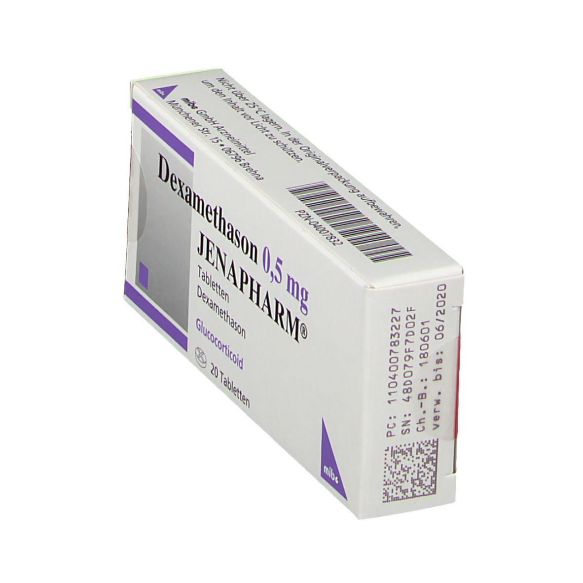 Schräg gestellte Packung Dexamethason 0,5 mg Jenapharm. Weiße Schachtel mit lila Akzenten und Produktinformationen.
