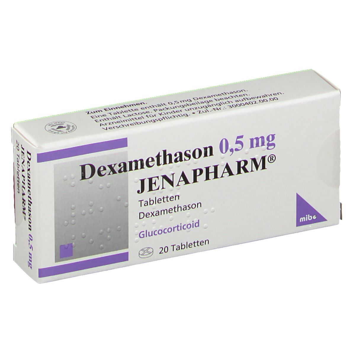 Dexamethason 0,5 mg Jenapharm-Packung. Enthält 20 Tabletten. Weiße Schachtel mit lila Streifen und Produktinformationen.