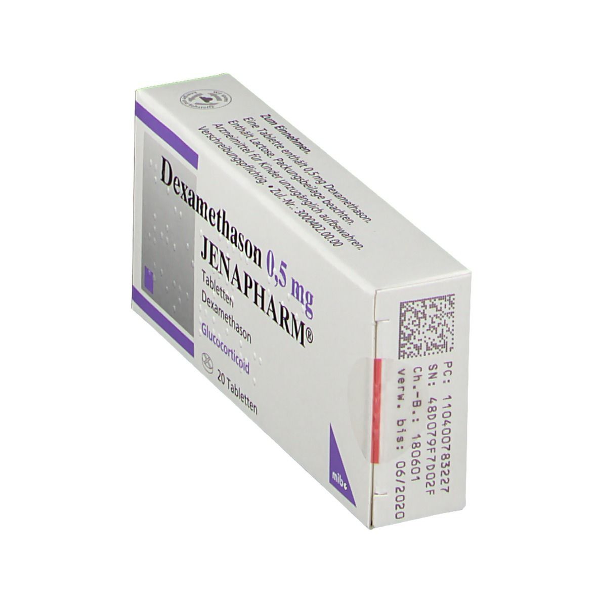 Schräg gestellte Packung Dexamethason 0,5 mg Jenapharm. Weiße Schachtel mit lila Akzenten und Produktinformationen.