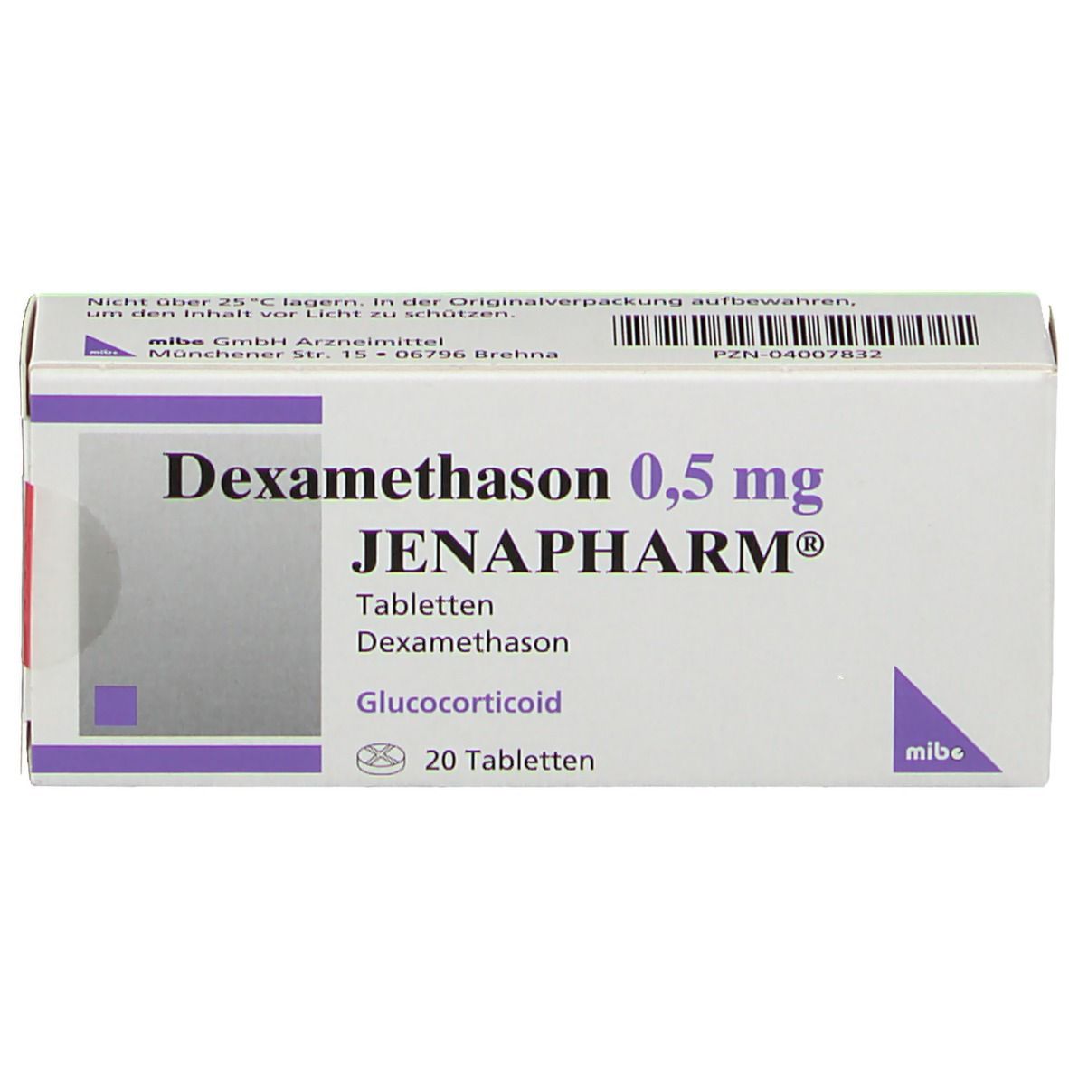 Dexamethason 0,5 mg Jenapharm-Packung. Enthält 20 Tabletten. Weiße Schachtel mit lila Streifen und Produktinformationen.
