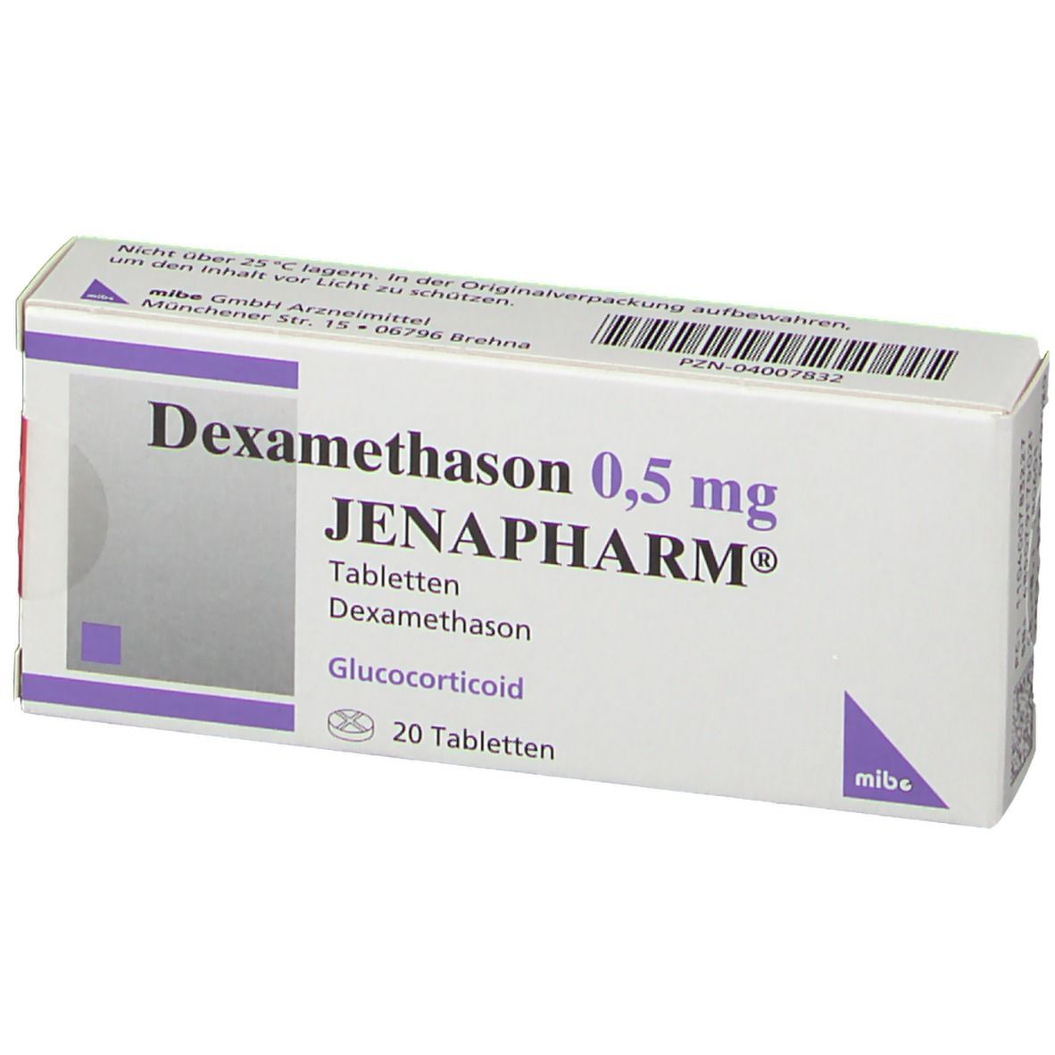 Dexamethason 0,5 mg Jenapharm-Packung. Enthält 20 Tabletten. Weiße Schachtel mit lila Streifen und Produktinformationen.