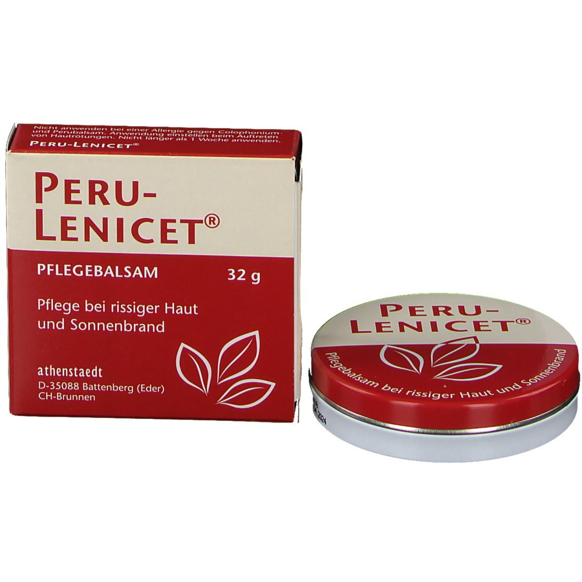 Schachtel und Dose mit PERU-LENICET®. Text: Pflegesalbe, 32 g. Für rissige Haut und Sonnenbrand. Dose silberfarben.