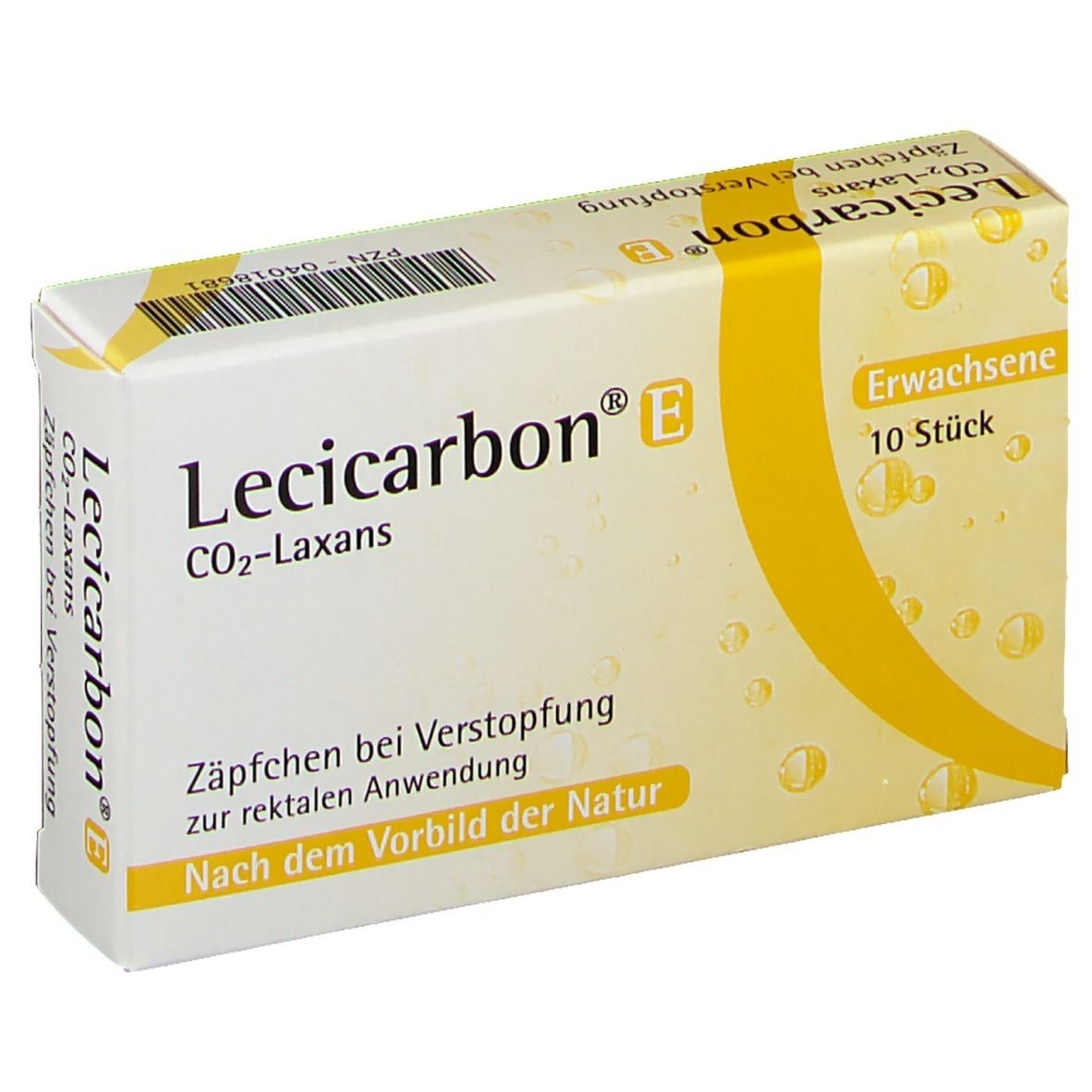 Karton Lecicarbon® E CO2-Laxans. Gelb-weiße Verpackung mit Produktnamen und Text. 10 Stück. Für Erwachsene.