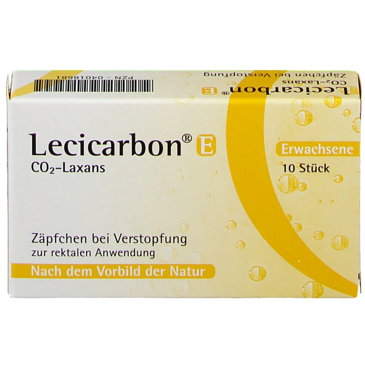 Karton Lecicarbon® E CO2-Laxans. Gelb-weiße Verpackung mit Produktnamen und Text. 10 Stück. Für Erwachsene.