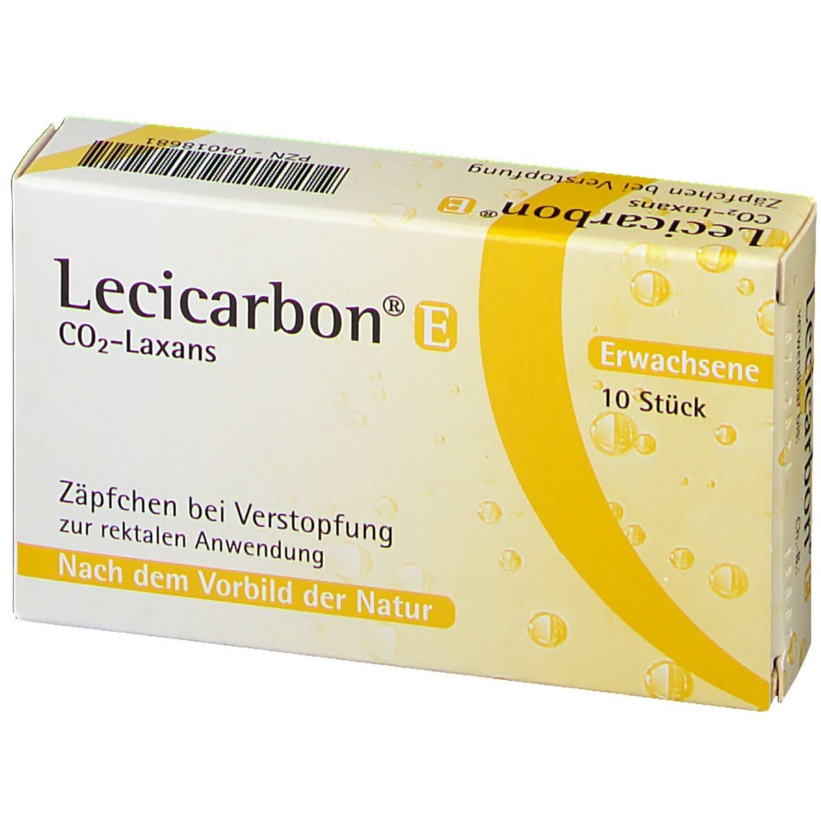 Karton Lecicarbon® E CO2-Laxans. Gelb-weiße Verpackung mit Produktnamen und Text. 10 Stück. Für Erwachsene.