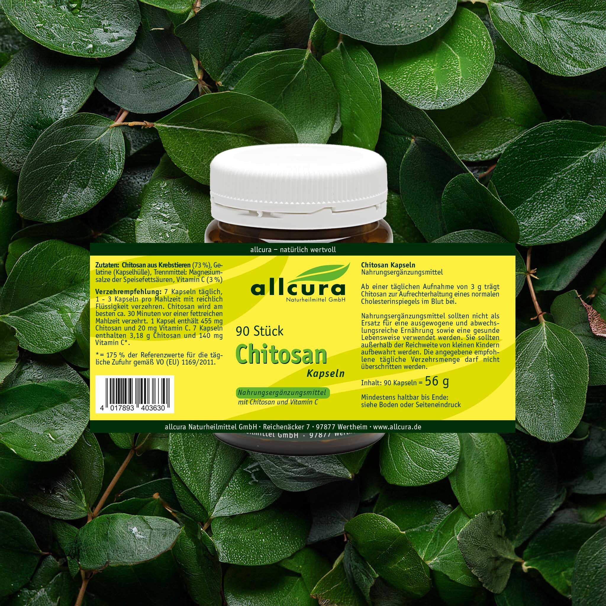 Braune Flasche mit weißen Deckel. Aufschrift: allcura Chitosan Kapseln. 90 Stück. Mit Vitamin C. Auf Blättern.
